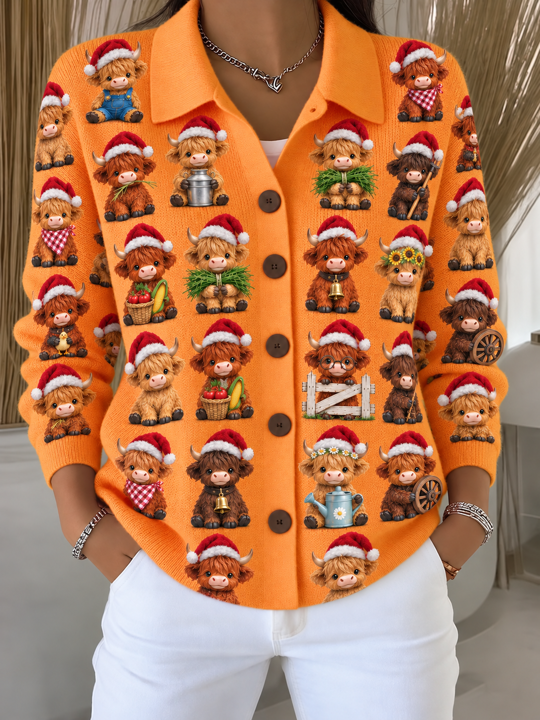 Merry Christmas Women's Lapel Button Knitted Cardigan Sweater
