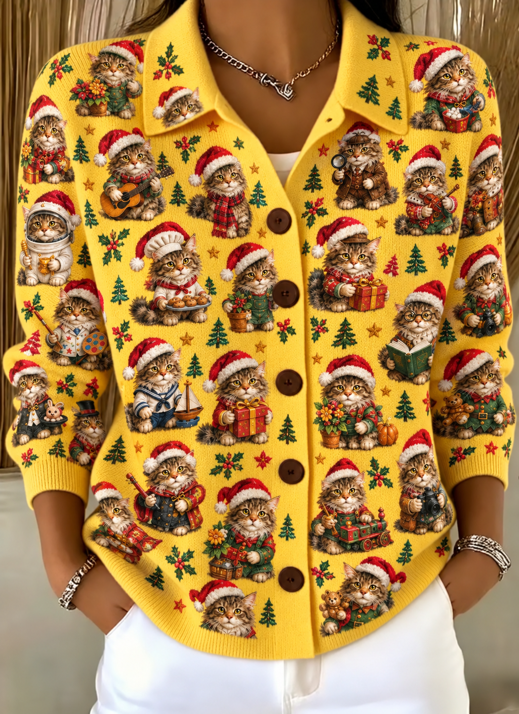 Merry Christmas Women's Lapel Button Knitted Cardigan Sweater