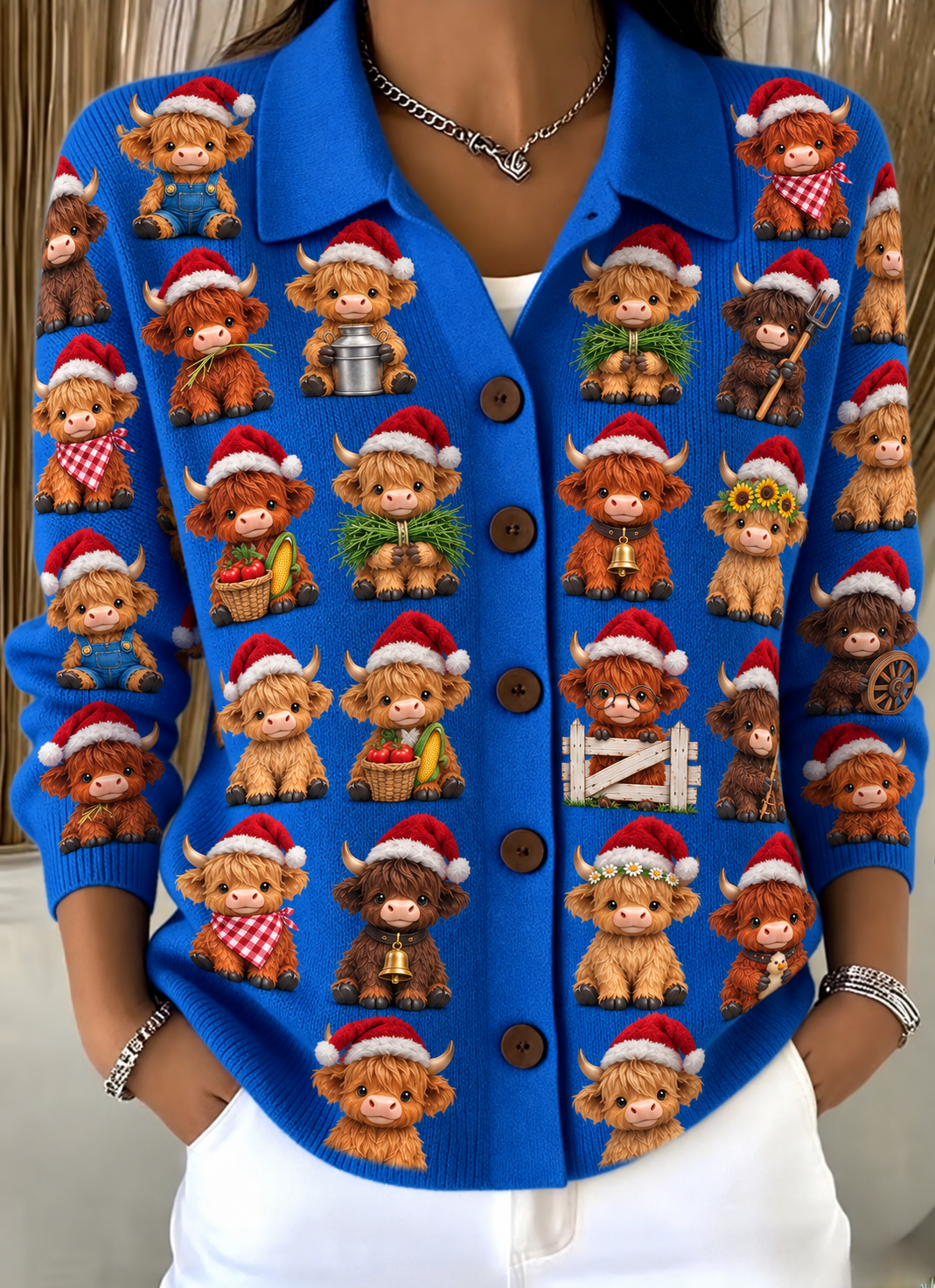 Merry Christmas Women's Lapel Button Knitted Cardigan Sweater