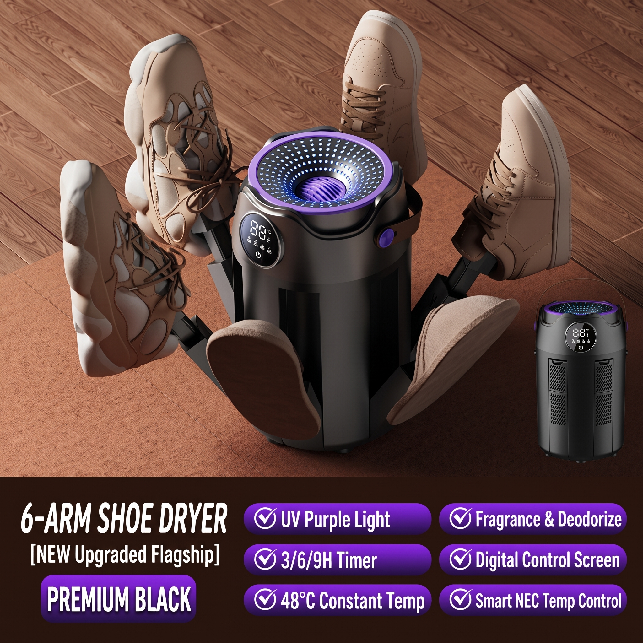 👞⚡New Electric Shoe Dryer with UV Light & Timer, Portable Boot Dryer for 2–3 Pairs, 48°C Smart Constant Heat Footwear Deodorizer Warmer for Sneakers, Ski Boots, Gloves, Socks