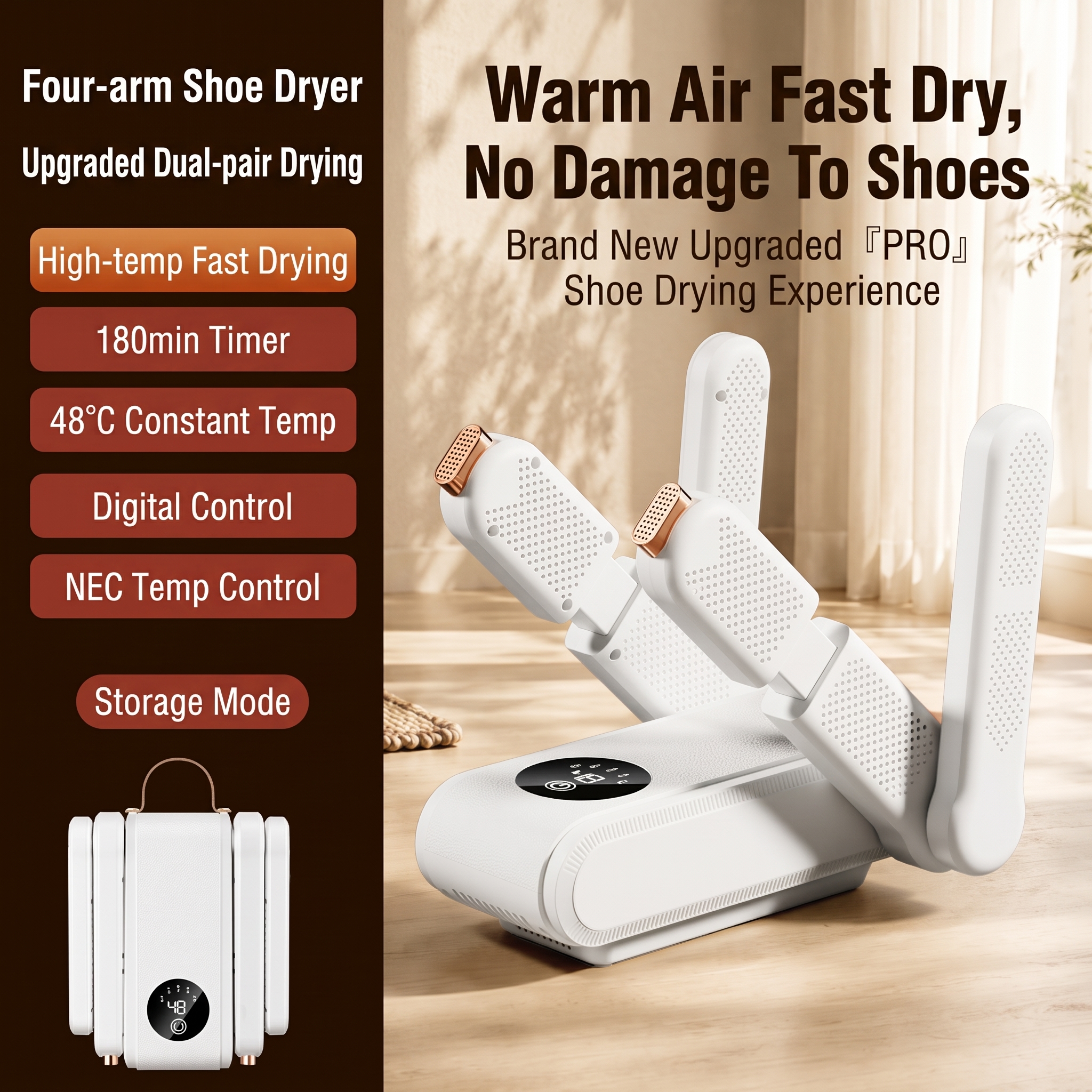 👞⚡New Electric Shoe Dryer with UV Light & Timer, Portable Boot Dryer for 2–3 Pairs, 48°C Smart Constant Heat Footwear Deodorizer Warmer for Sneakers, Ski Boots, Gloves, Socks