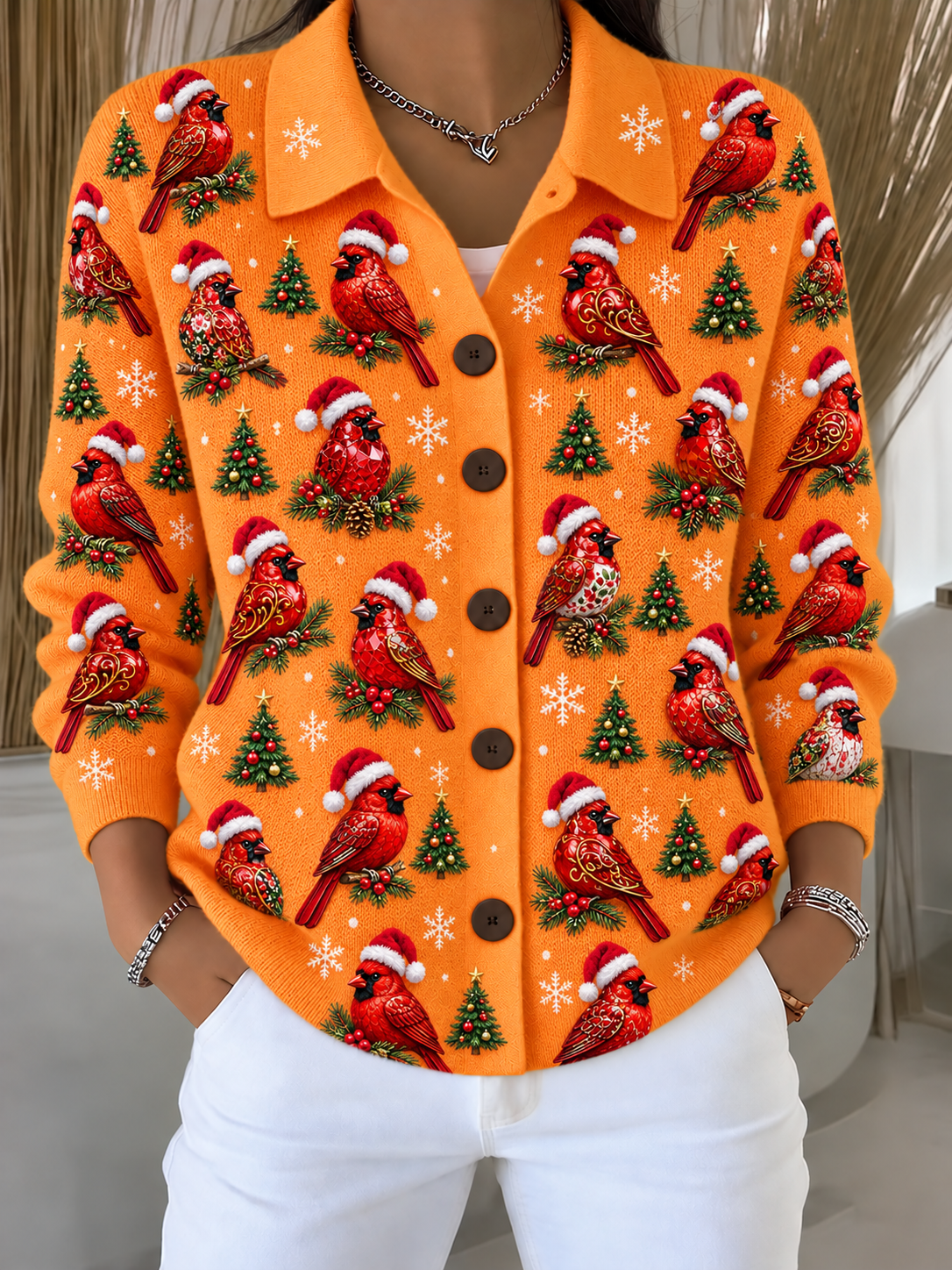 Merry Christmas Women's Lapel Button Knitted Cardigan Sweater