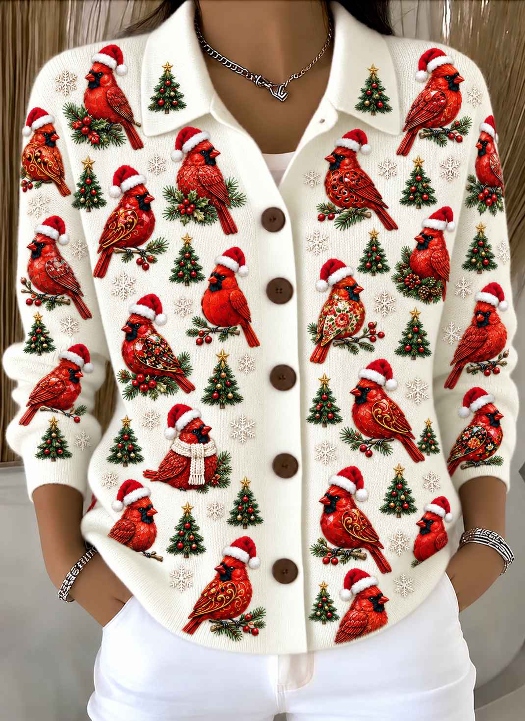 Merry Christmas Women's Lapel Button Knitted Cardigan Sweater