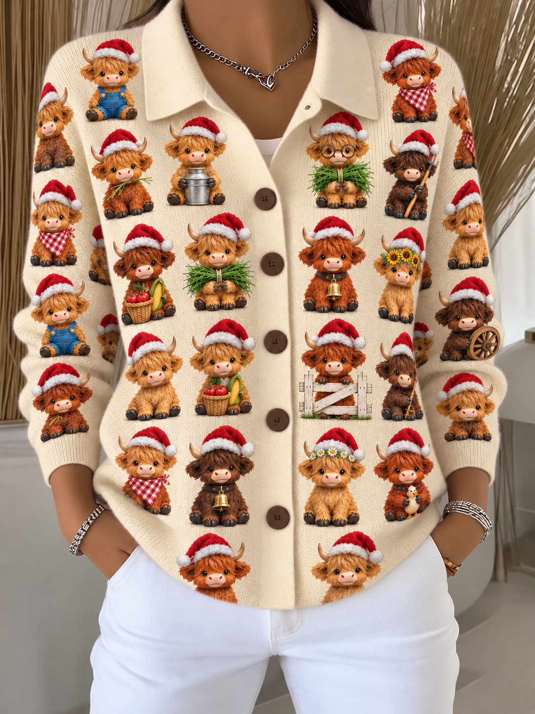 Merry Christmas Women's Lapel Button Knitted Cardigan Sweater