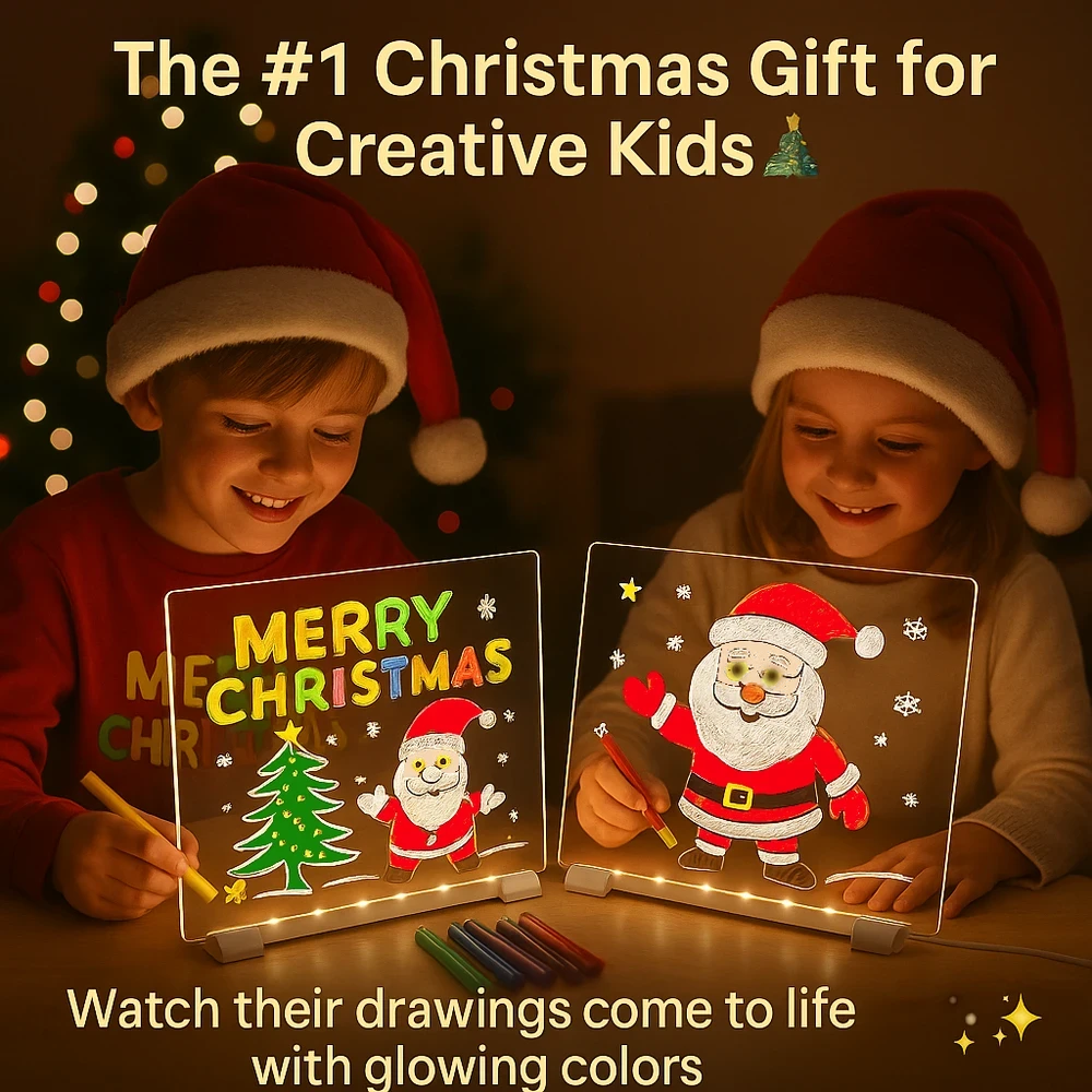 Two children drawing on glow drawing boards with coloured markers