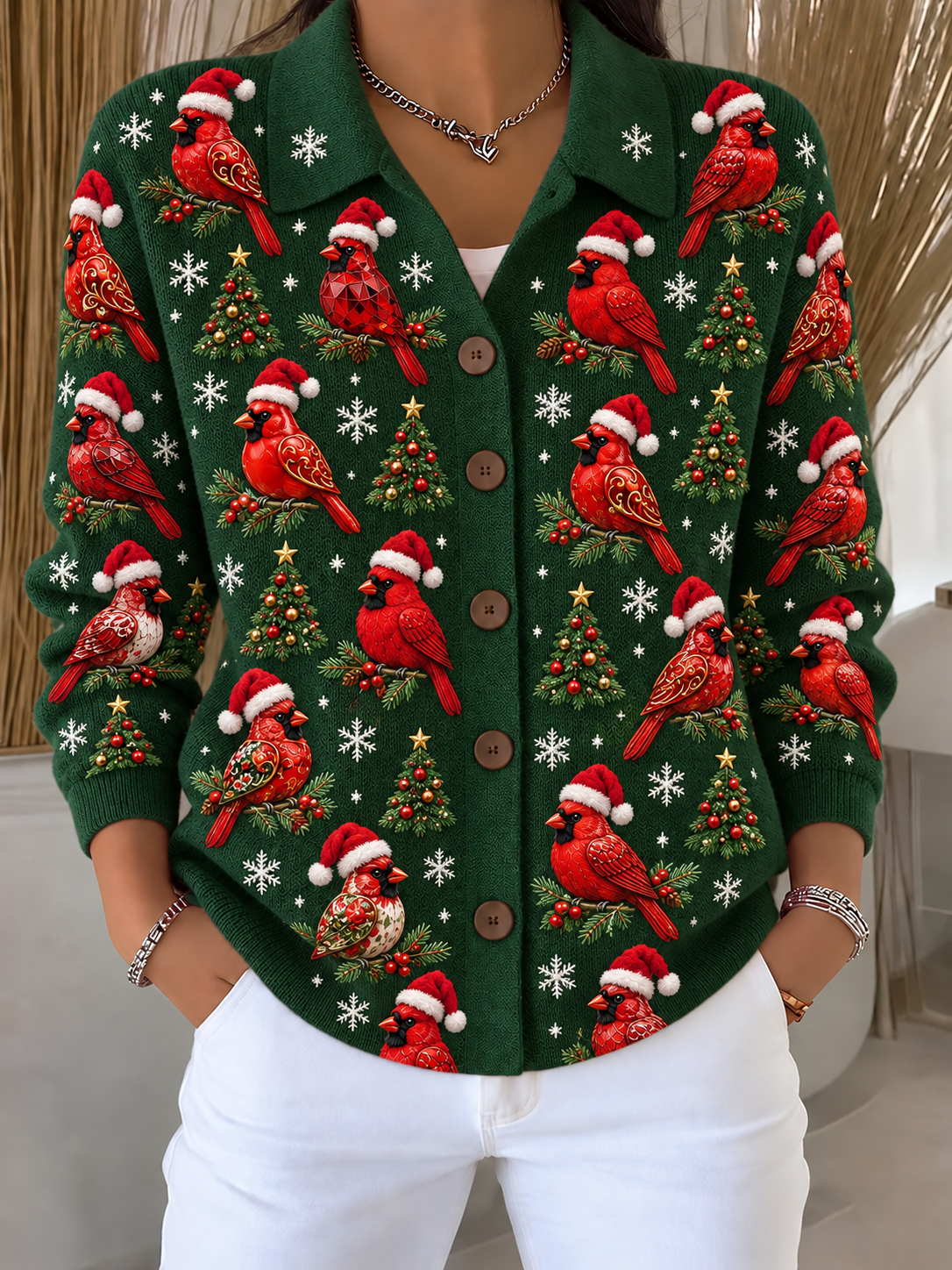 Merry Christmas Women's Lapel Button Knitted Cardigan Sweater