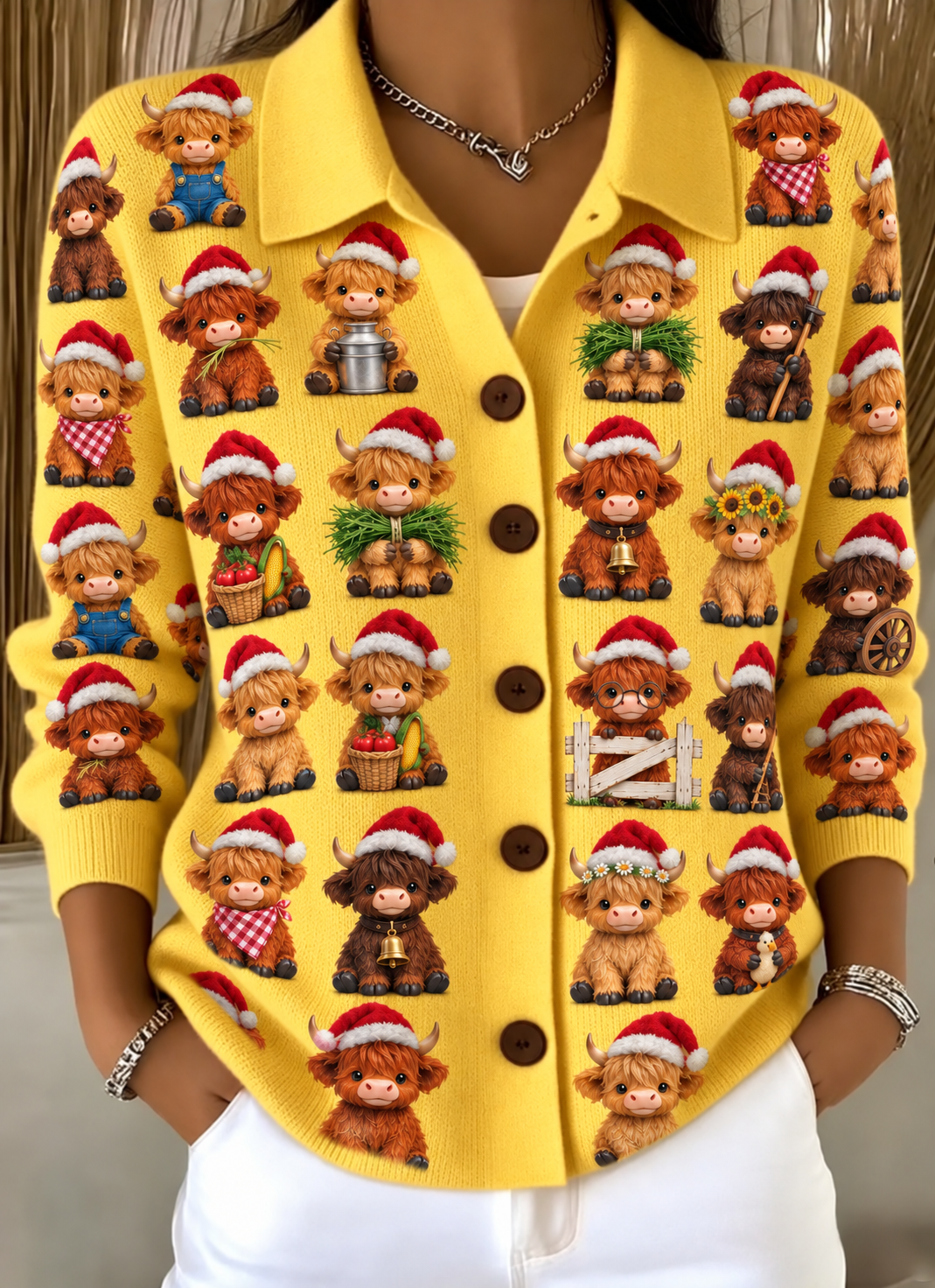 Merry Christmas Women's Lapel Button Knitted Cardigan Sweater