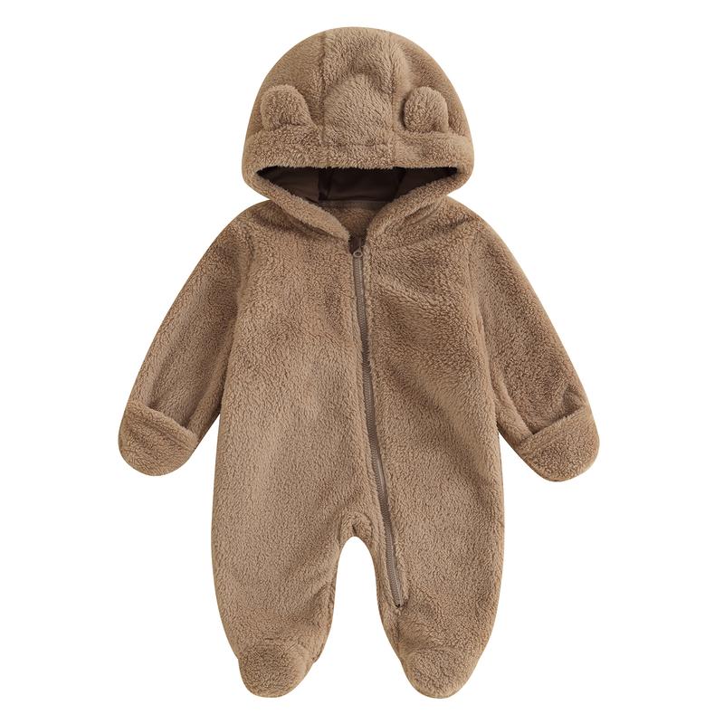 Chestnut - Newborn Baby Bear Ear Fleece Jumpsuit