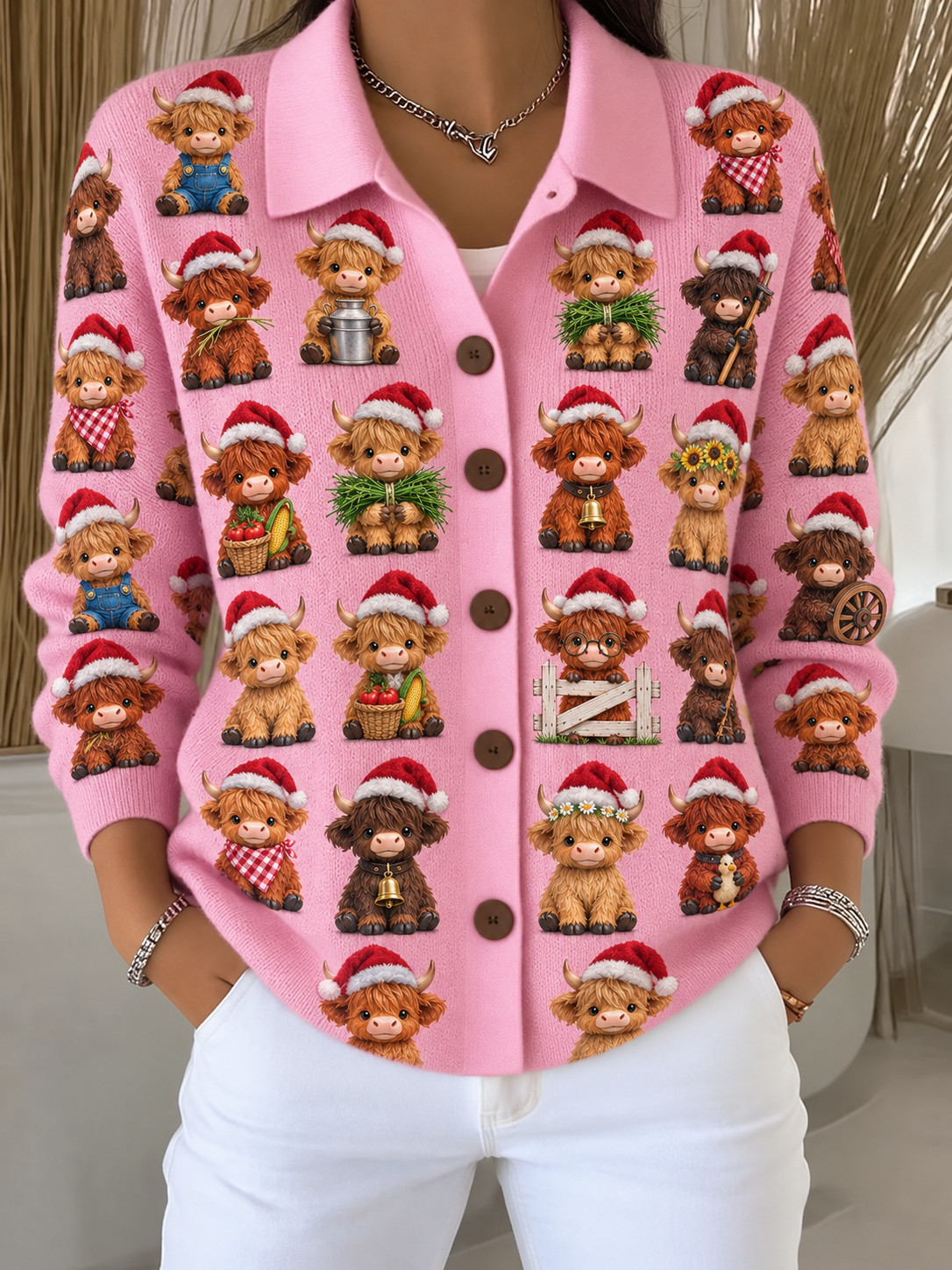 Merry Christmas Women's Lapel Button Knitted Cardigan Sweater