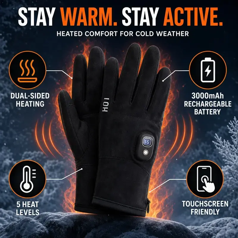 Rechargeable Heated Gloves – 3000mAh, 5 Heat Levels, Touchscreen
