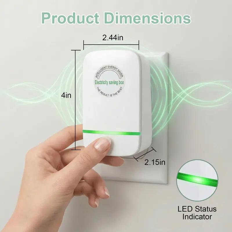 Energy saver plug dimensions: 2.44 x 4 x 2.15 in with LED status indicator