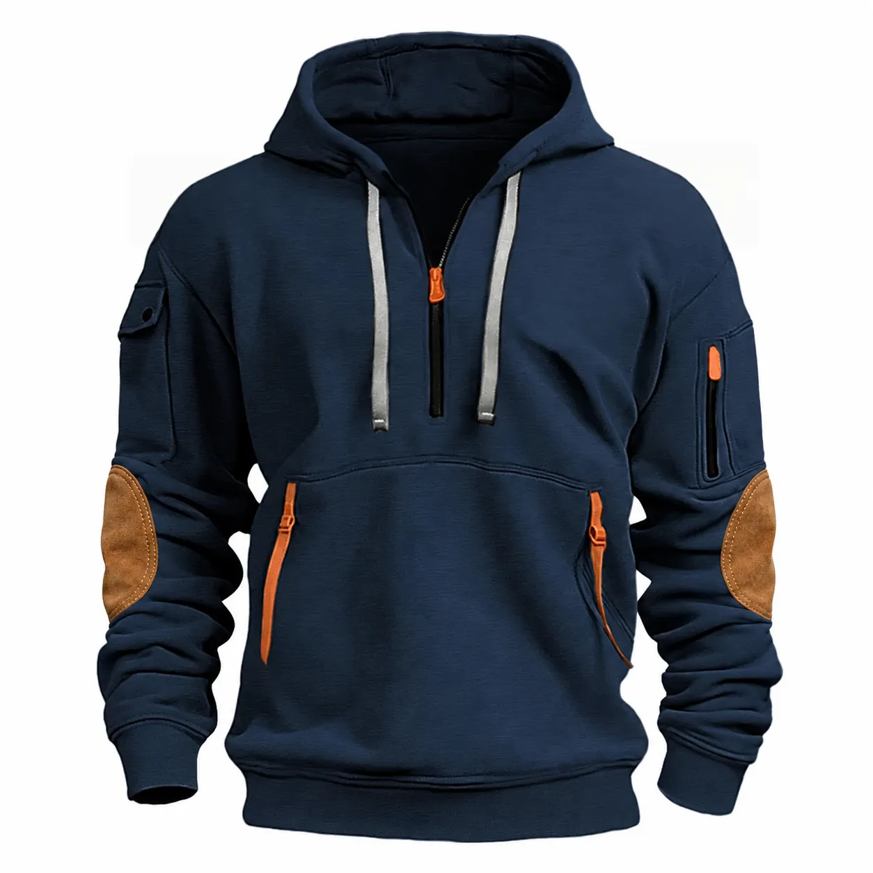 Men's Half Zip Hoodie, Casual Patchwork Sweatshirt with Pockets
