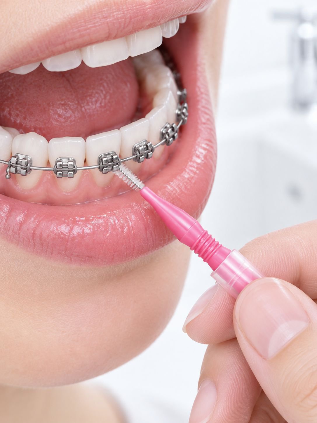 Close-up of interdental brush removing plaque