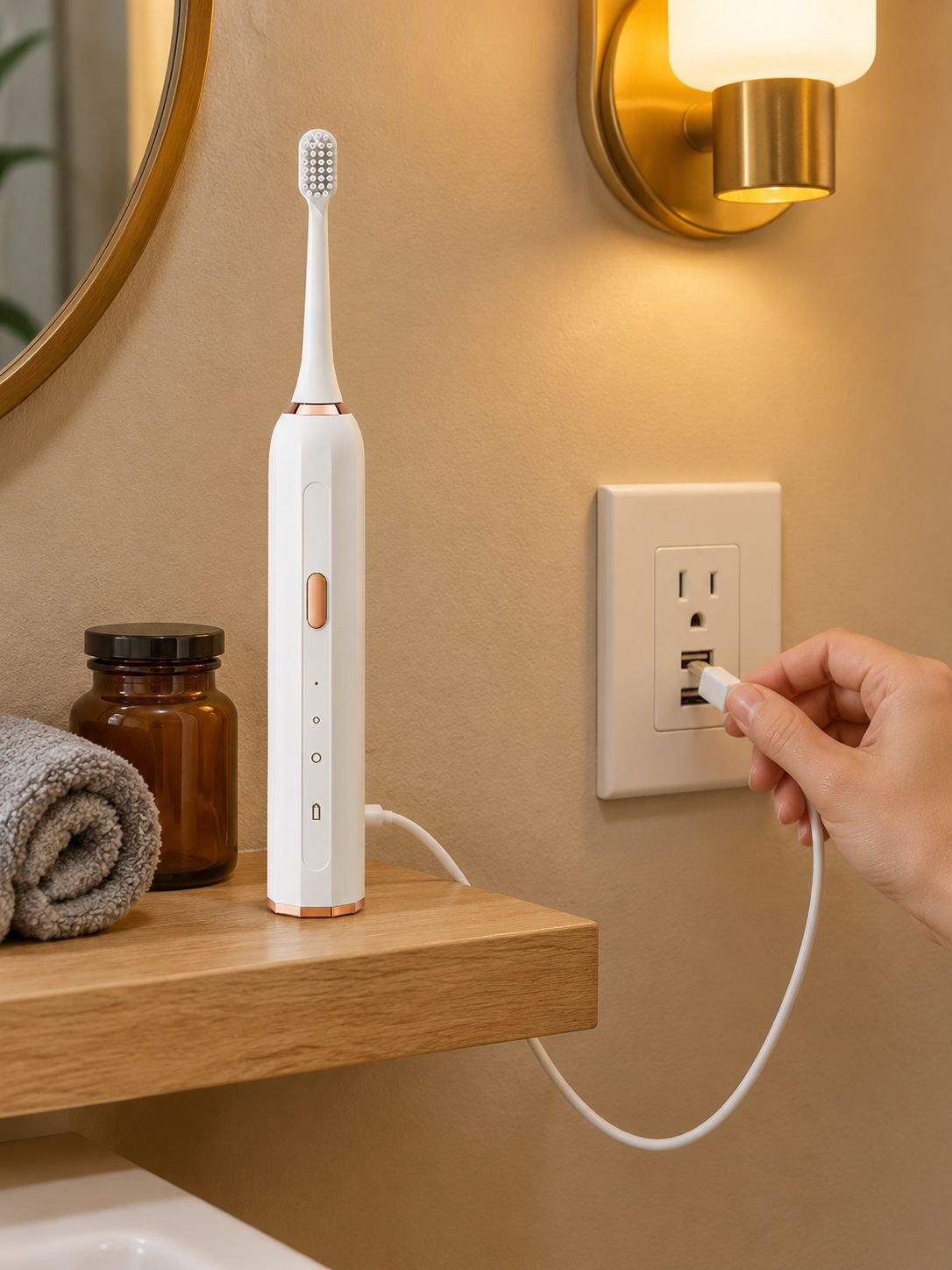 Adult couple using magnetic levitation toothbrush in bathroom