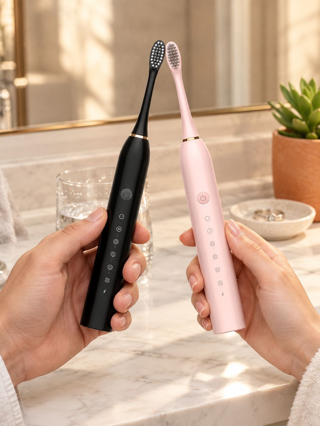 Student brushing teeth with automatic electric toothbrush