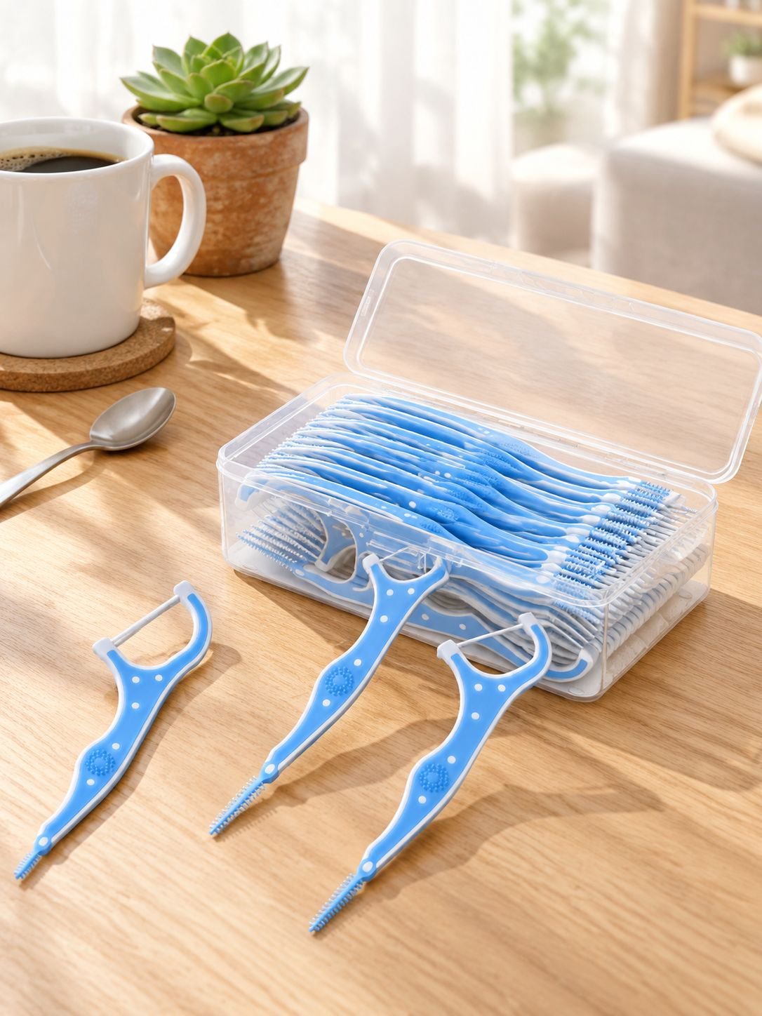 Close-up of Dental Floss Sticks Cleaning Between Teeth