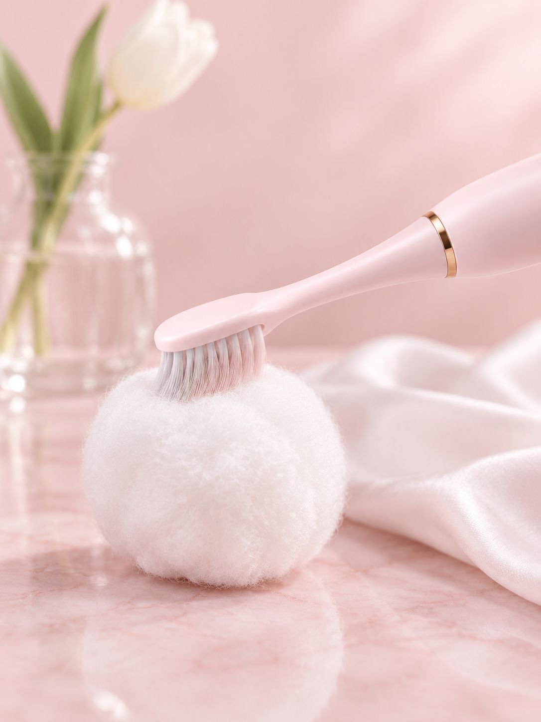 Close-up of soft-bristled electric toothbrush head
