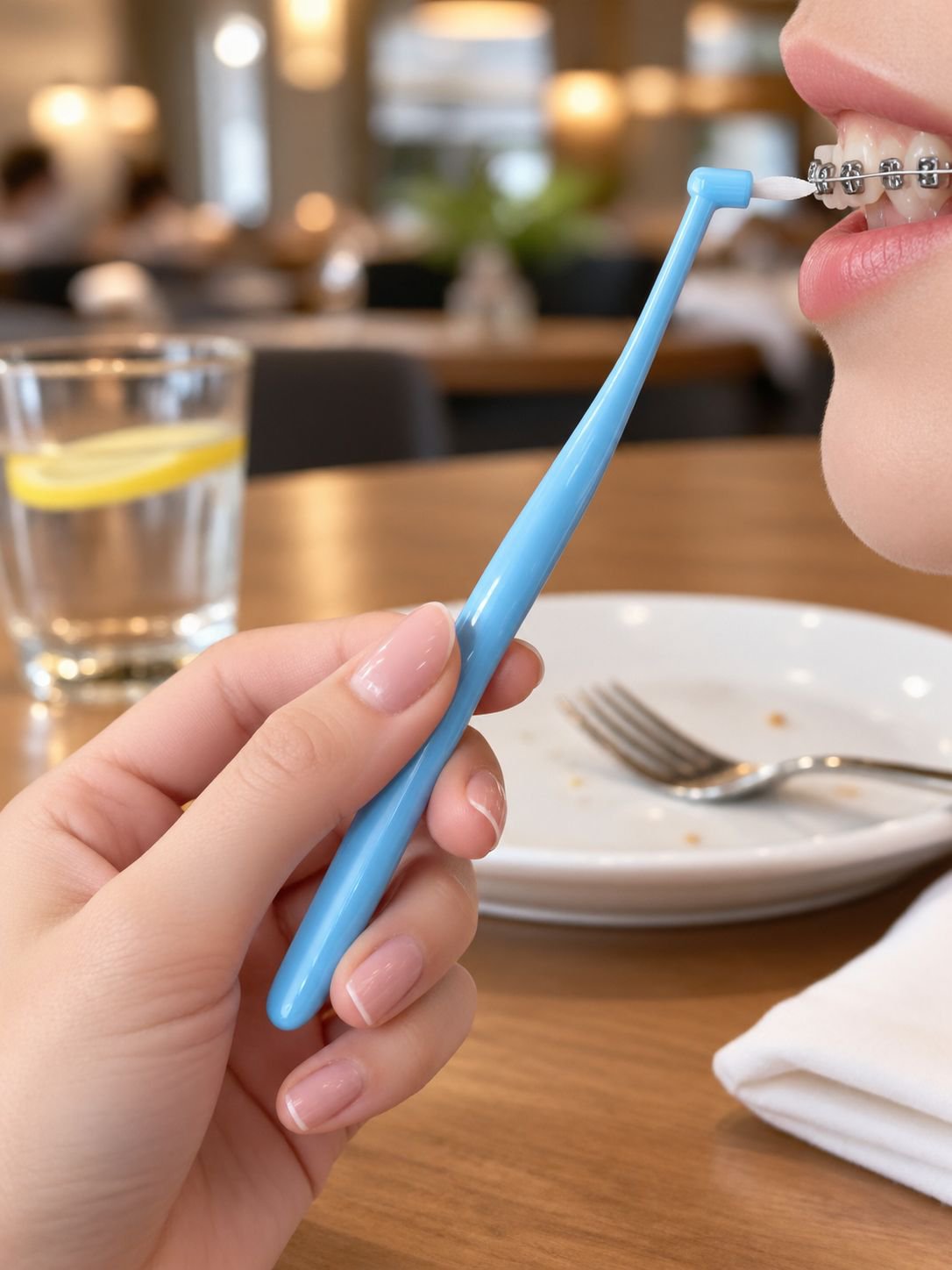 Close-up of single-tuft dental brush for teeth correction