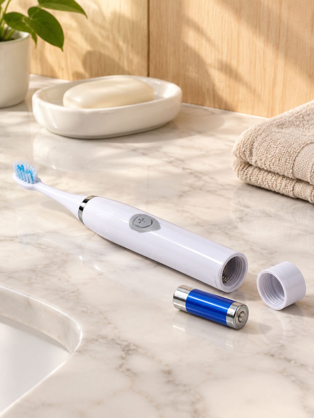 Soft bristle Hilton electric toothbrush in charging stand