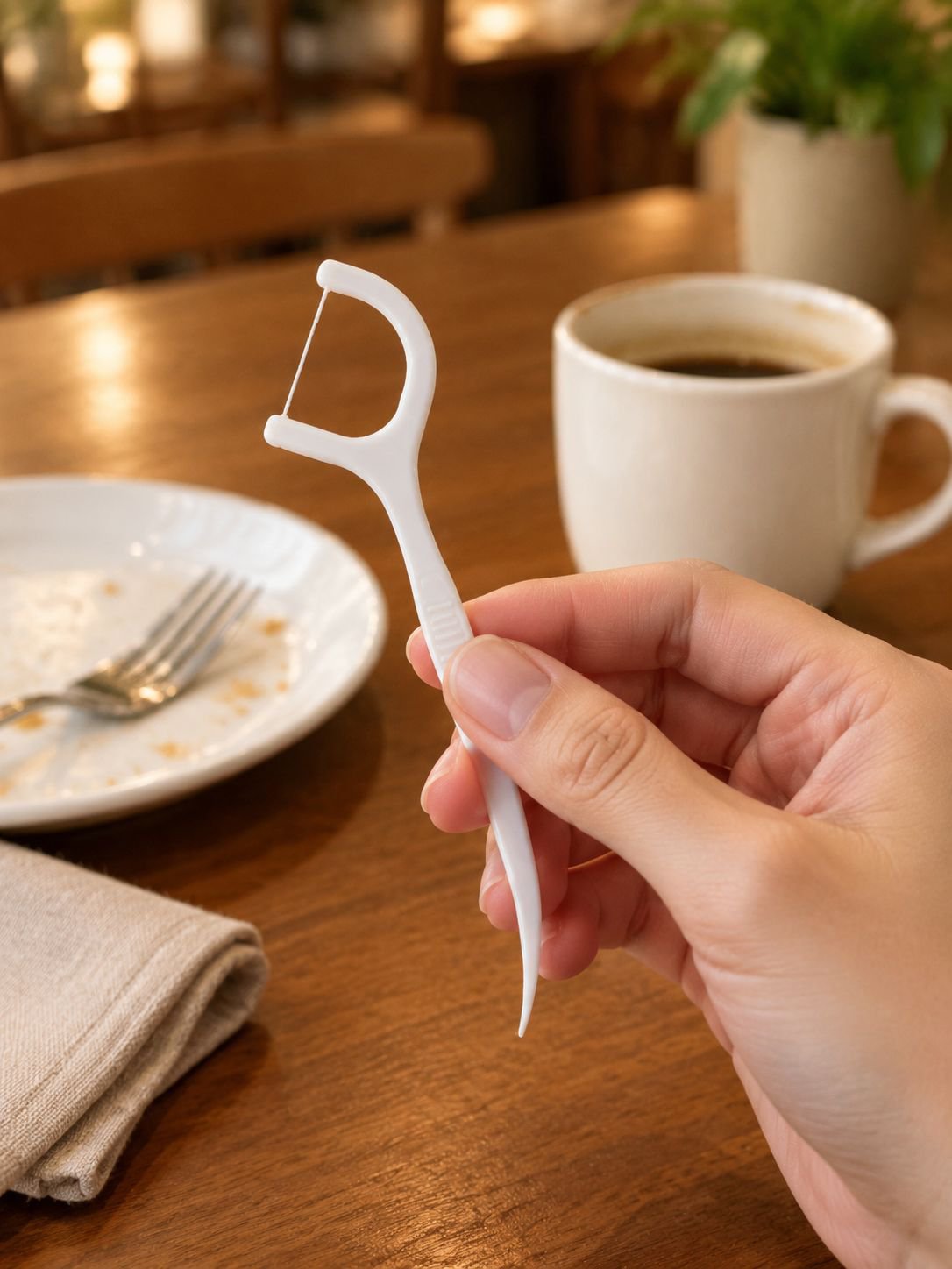 Easy-to-use arched dental floss stick in hand