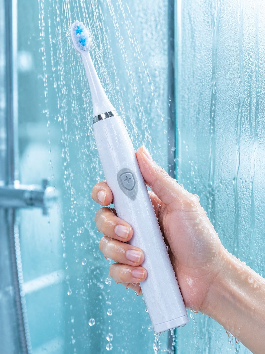 Close-up of Hilton soft bristle electric toothbrush