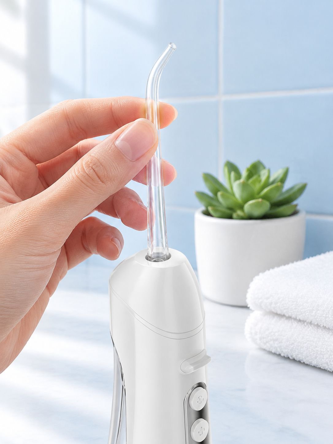Carefully Selected Dental Flosser on Table