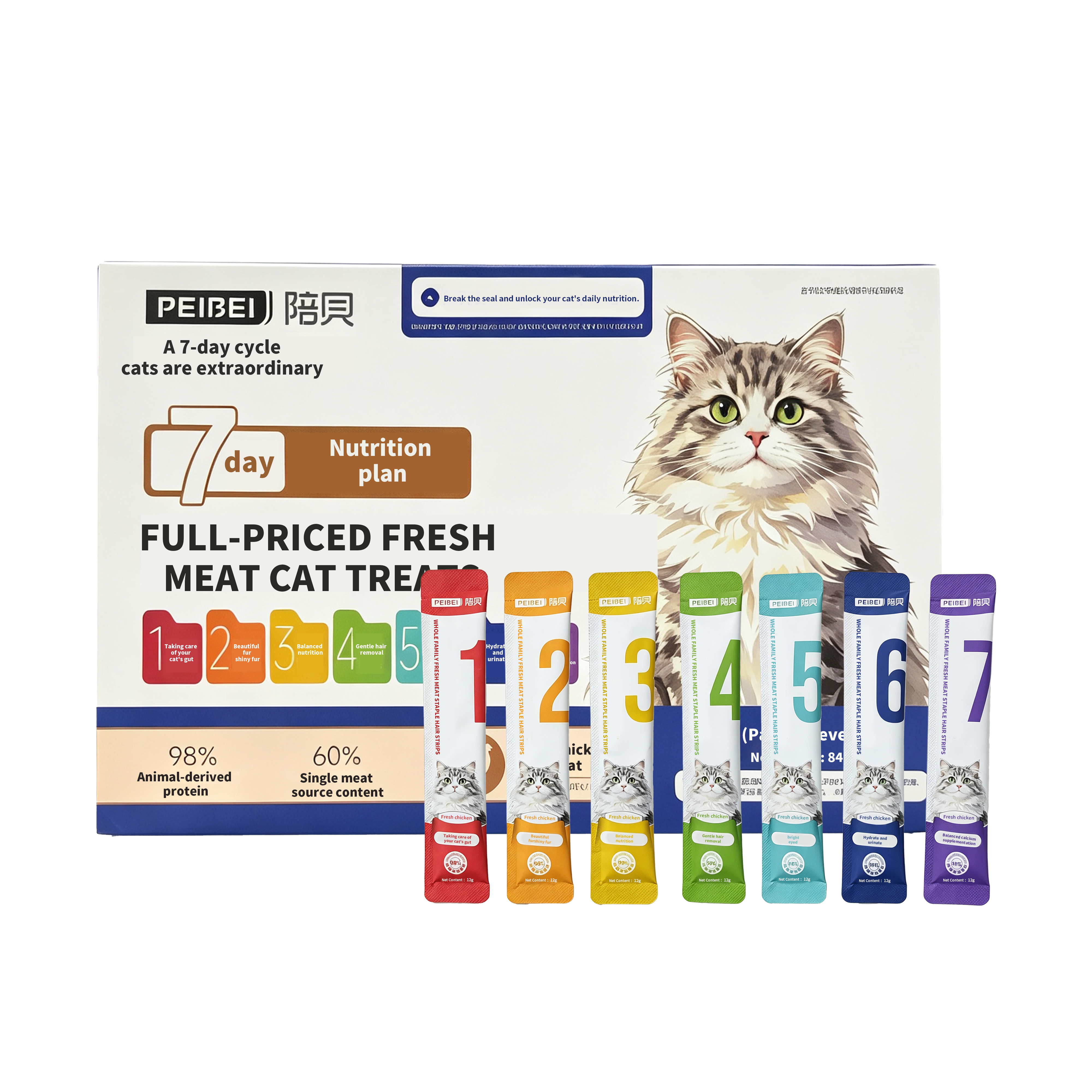 7-Day Nutrition Plan Cat Treat Sticks — 60% Fresh Chicken, 98% Animal Protein, Complete & Balanced Staple Food for Daily Wellness