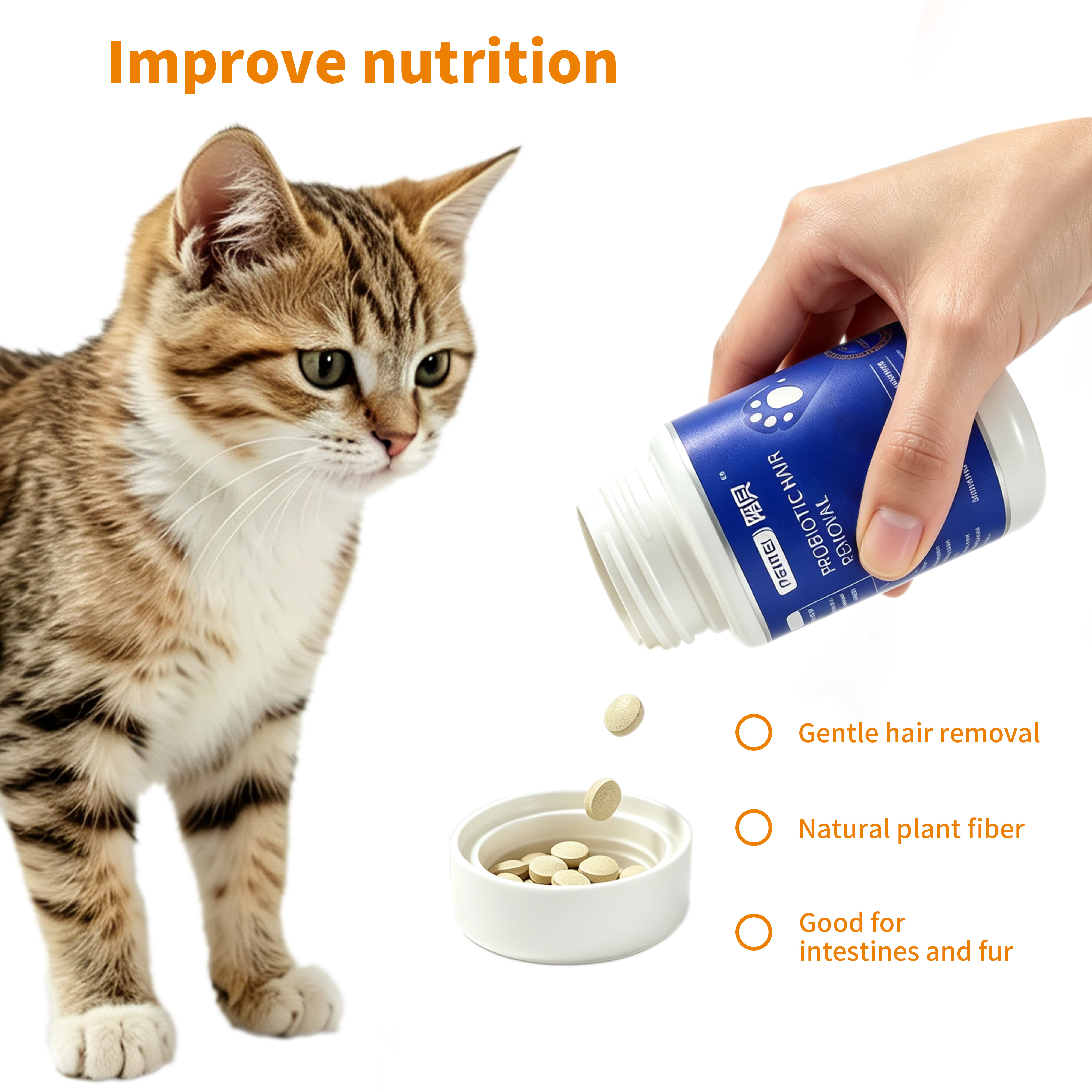 Probiotic Hair Removal Tablets for Cats — Natural Plant Fiber & B-Vitamin Complex Supports Gentle Hairball Elimination, Gut Health & Coat Condition