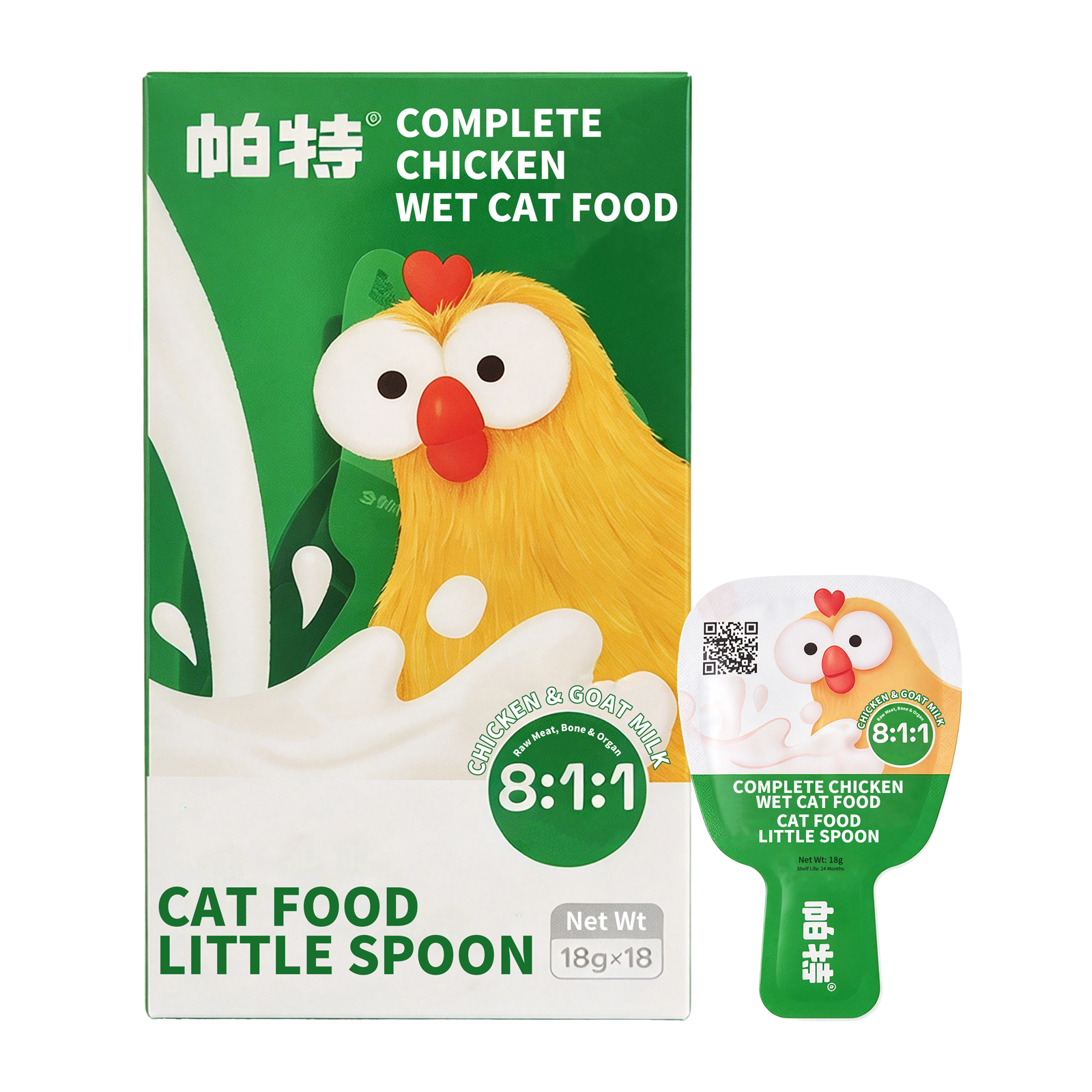 Complete Chicken & Goat Milk Wet Cat Food – Little Spoon Pouches (18g×18) | 8:1:1 Raw Meat, Bone & Organ Recipe | Complete & Balanced Nutrition for All Life Stages