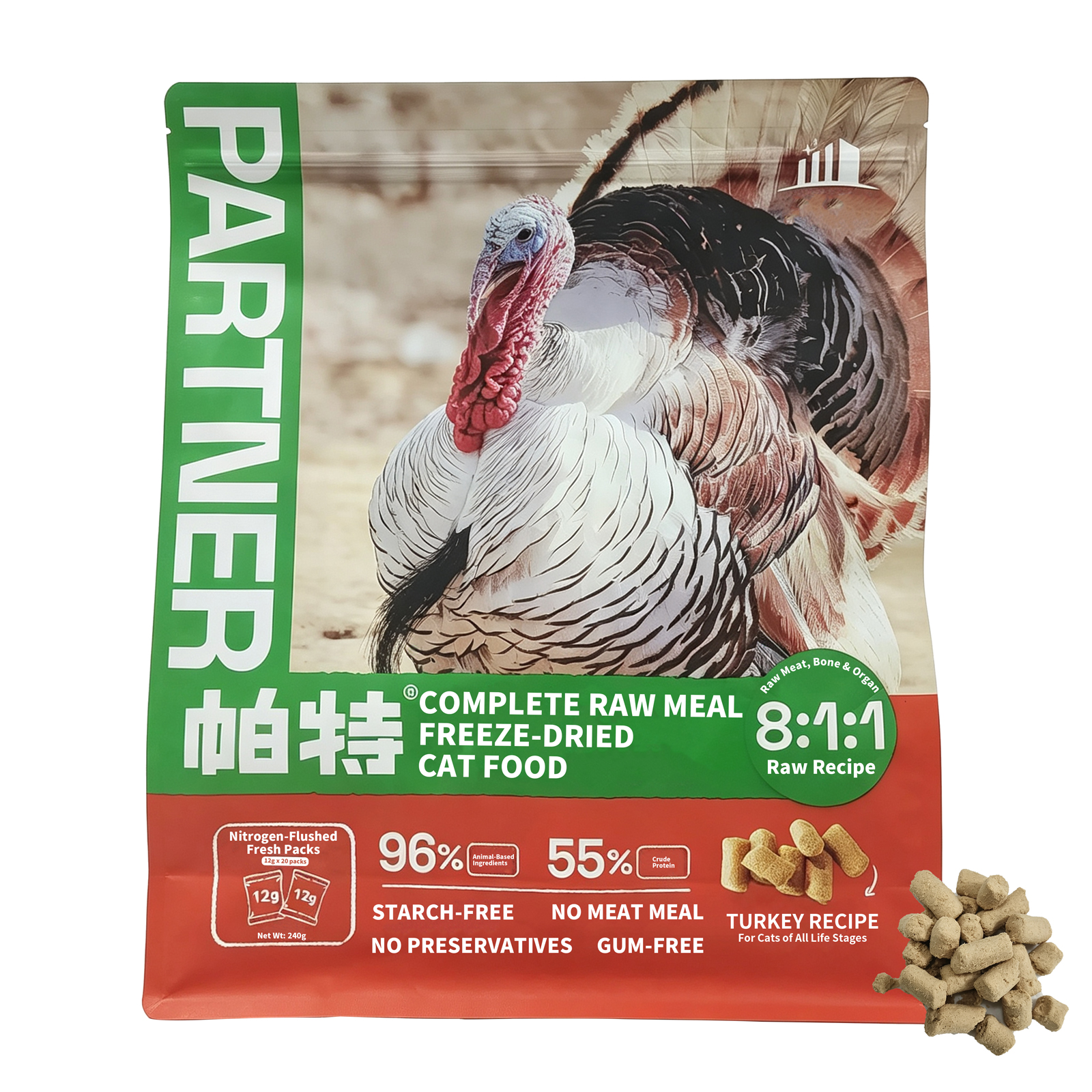 Partner Freeze-Dried Raw Turkey Cat Food – 96% Animal Ingredients, 55% Protein (Dry Matter), 12g Nitrogen-Sealed Single-Serve Packs
