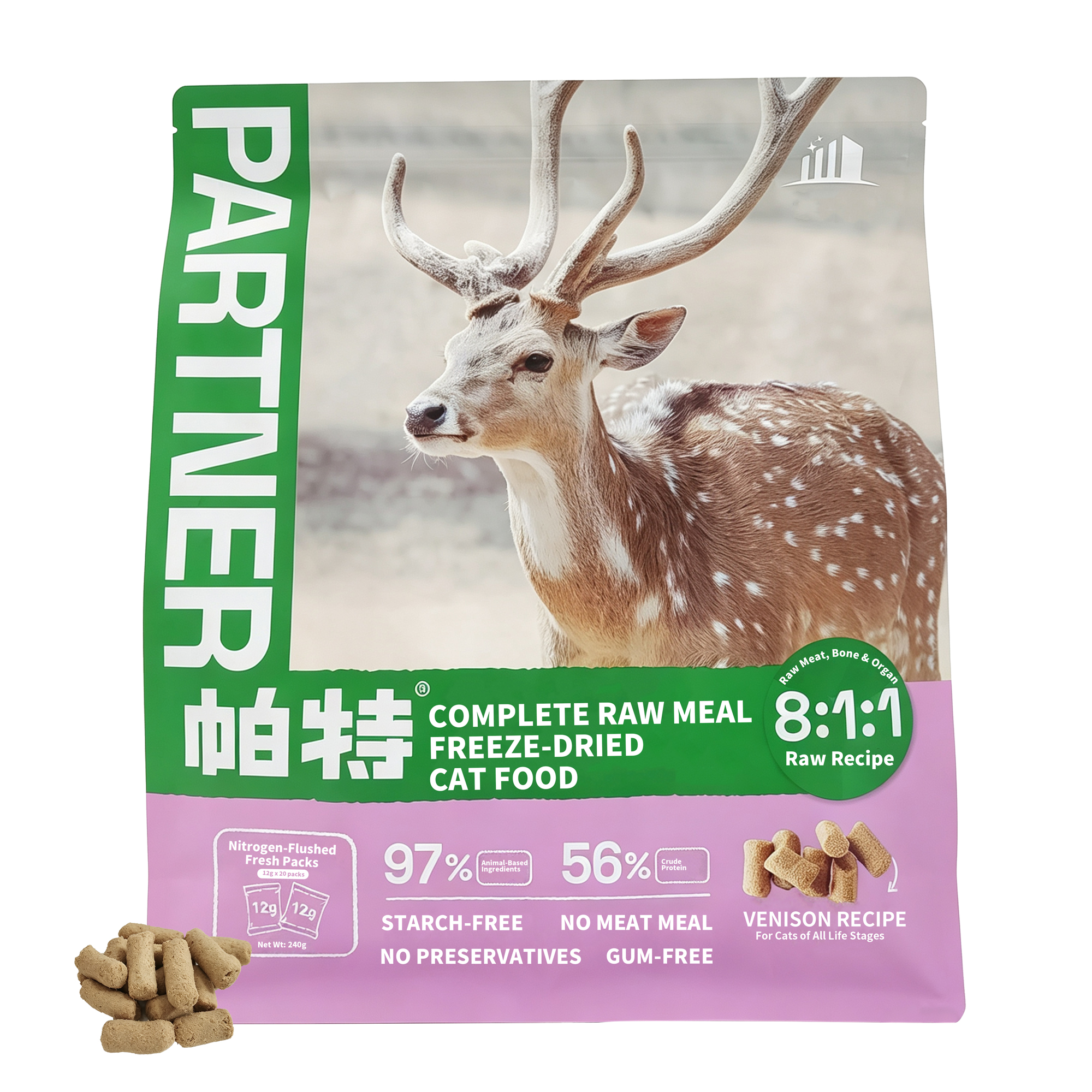 Partner Freeze-Dried Raw Venison Cat Food – 96% Animal Ingredients, 56% Protein (Dry Matter), 12g Nitrogen-Sealed Single-Serve Packs