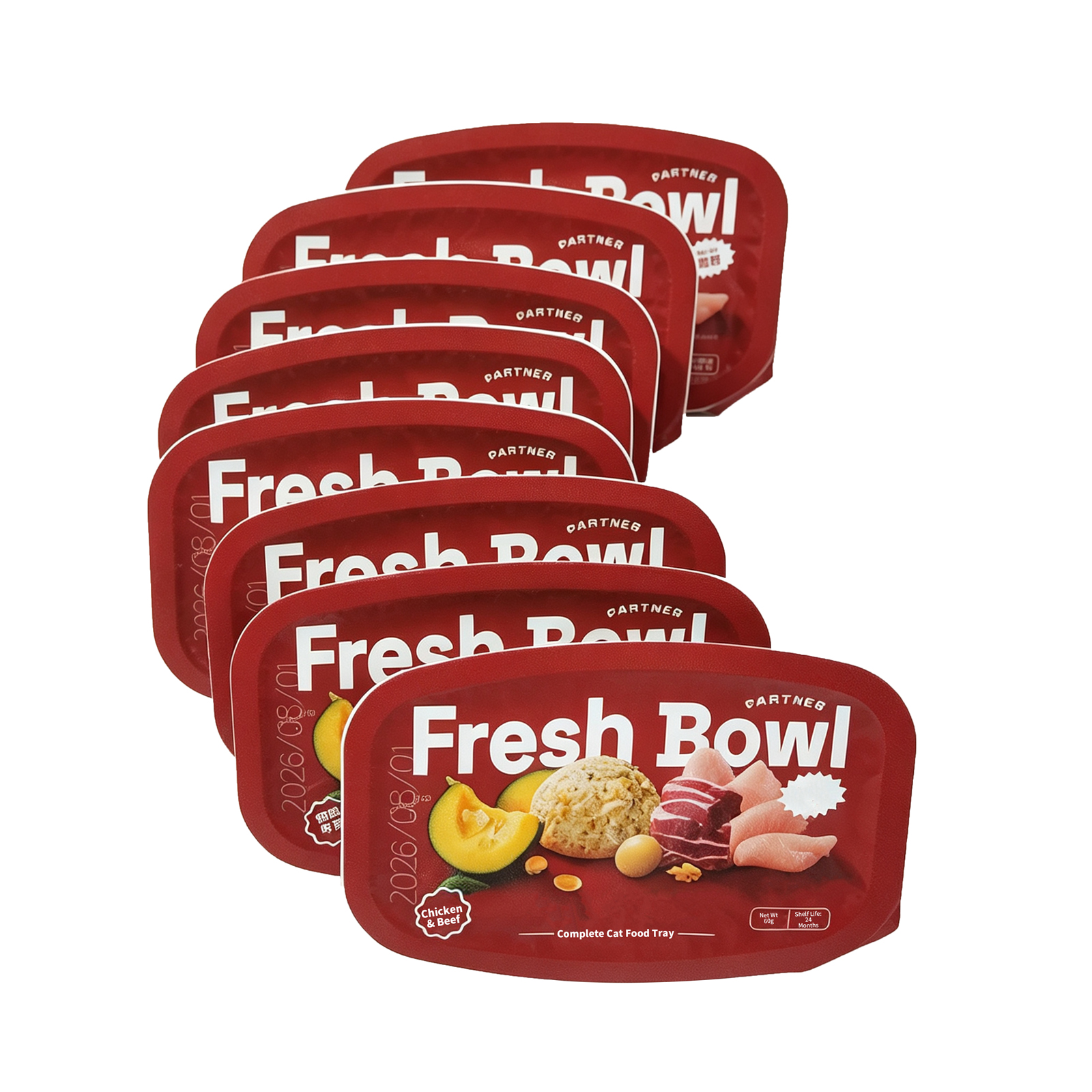 Fresh Bowl Chicken & Beef Wet Cat Food – 60g Tear-Serve Trays, Real Meat + Pumpkin, No Gums, 8-Pack