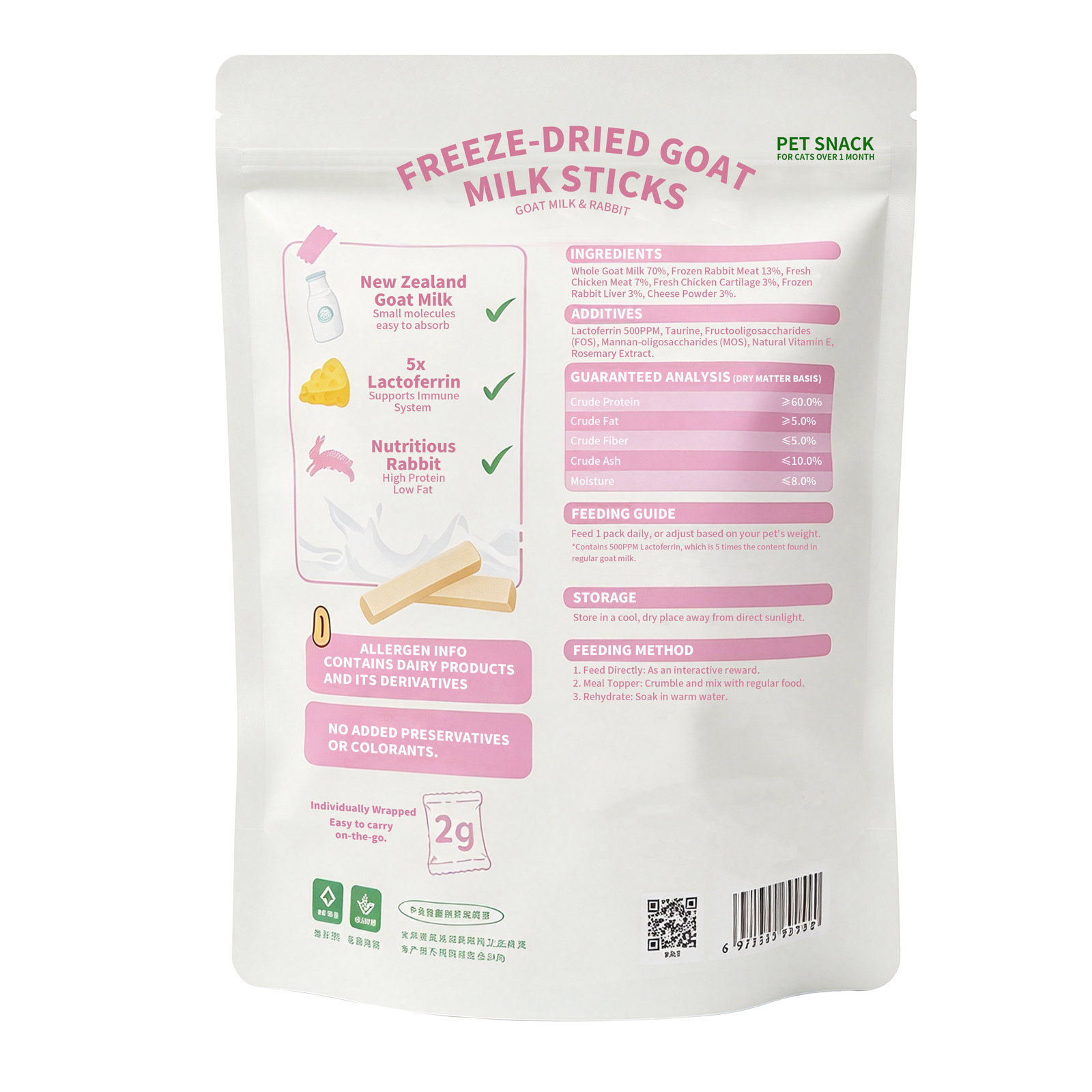Freeze-Dried Goat Milk & Rabbit Sticks for Cats – 5x Lactoferrin, 60% Protein, 8:1:1 Raw Recipe, 20 Single-Serve Packs