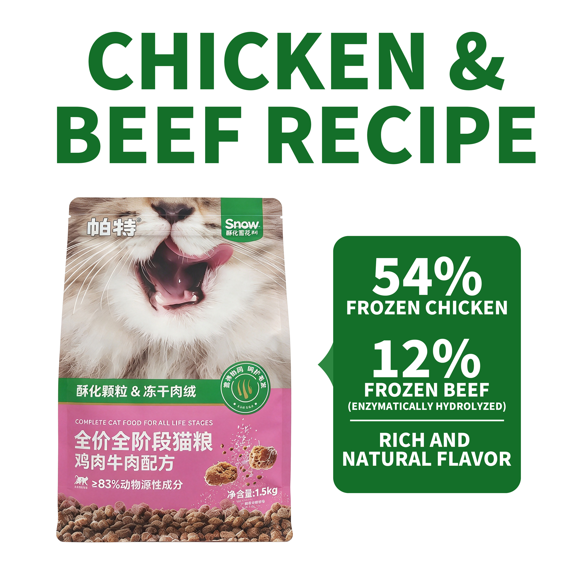 Partner Snow Crispy Chicken & Beef Cat Food – 83% Animal Ingredients, 40% Protein, Freeze-Dried Chicken Floss Wrapped, Enzymatically Hydrolyzed Beef for Digestion, 1.5kg