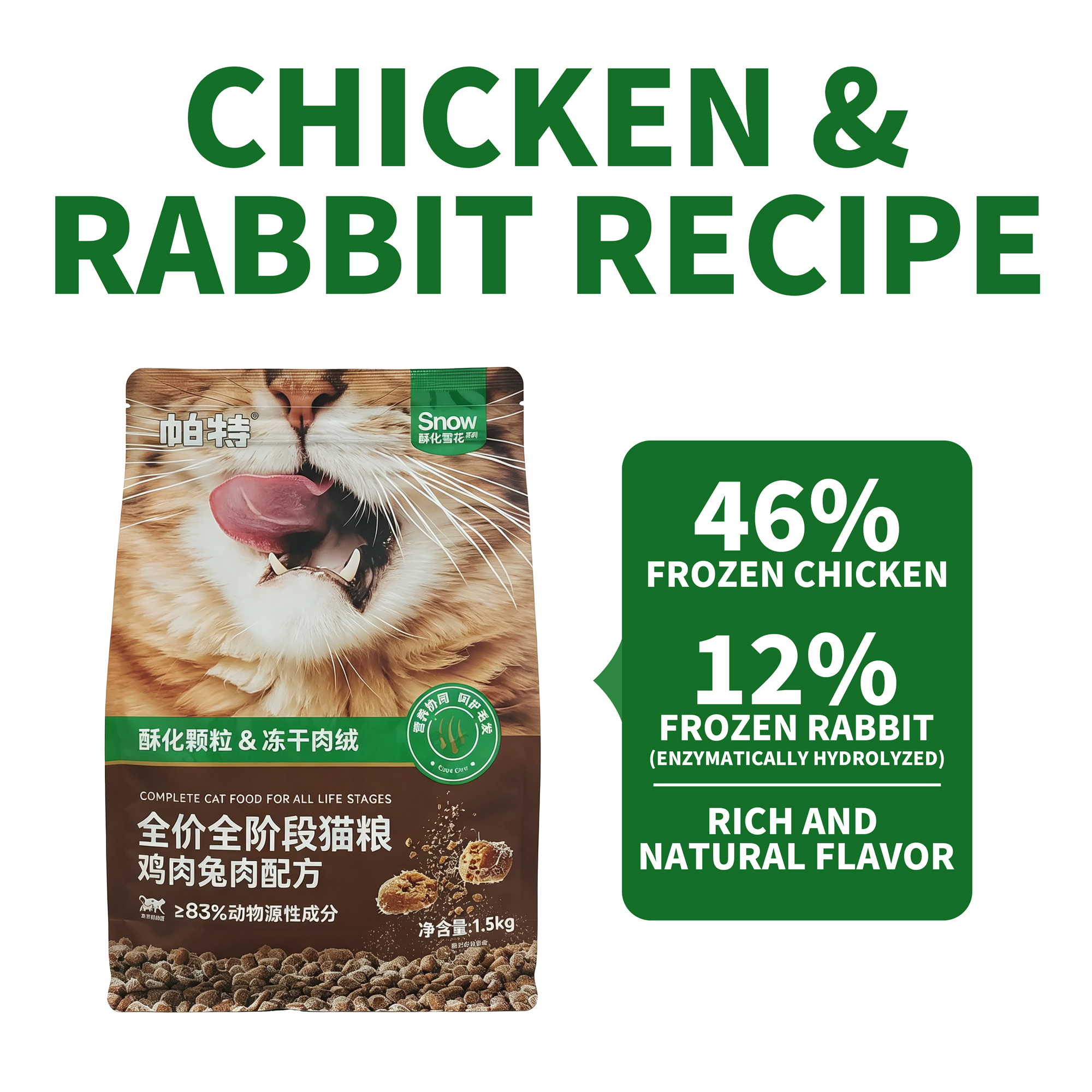 Partner Snow Crispy Chicken & Rabbit Cat Food – 83% Animal Ingredients, 40% Protein, Freeze-Dried Chicken Floss Wrapped, 12% Enzymatically Hydrolyzed Rabbit, 1.5kg