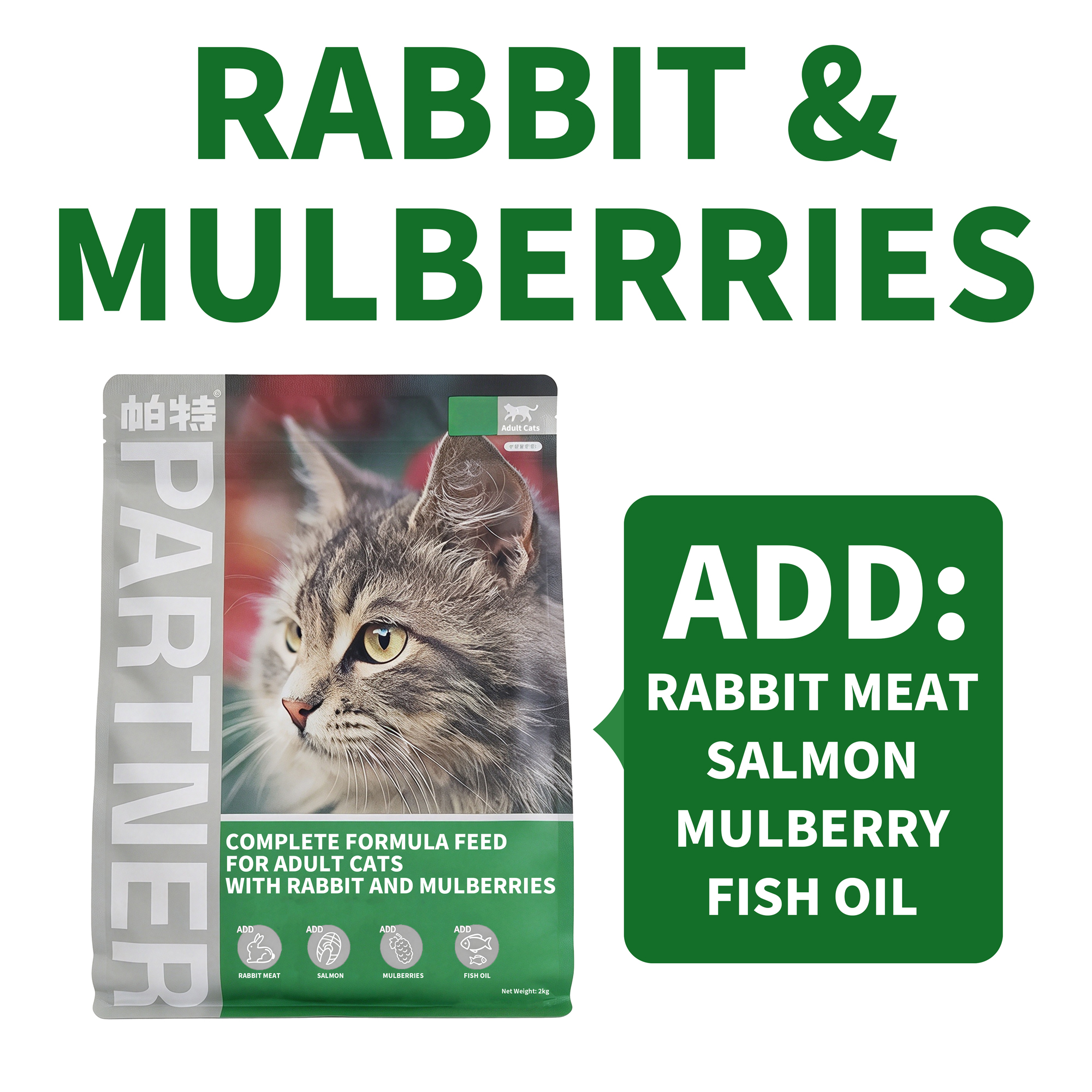Partner Rabbit & Mulberries Adult Cat Food – Novel Protein, Mulberry + Konjac for Hairball & Digestion, Salmon & Fish Oil for Coat, 2kg
