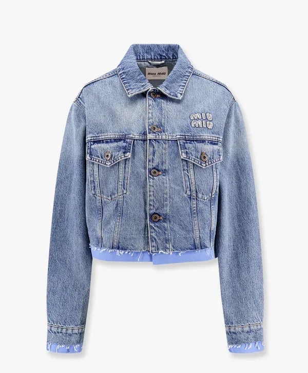MIU new monogrammed embroidered lapel denim jacket