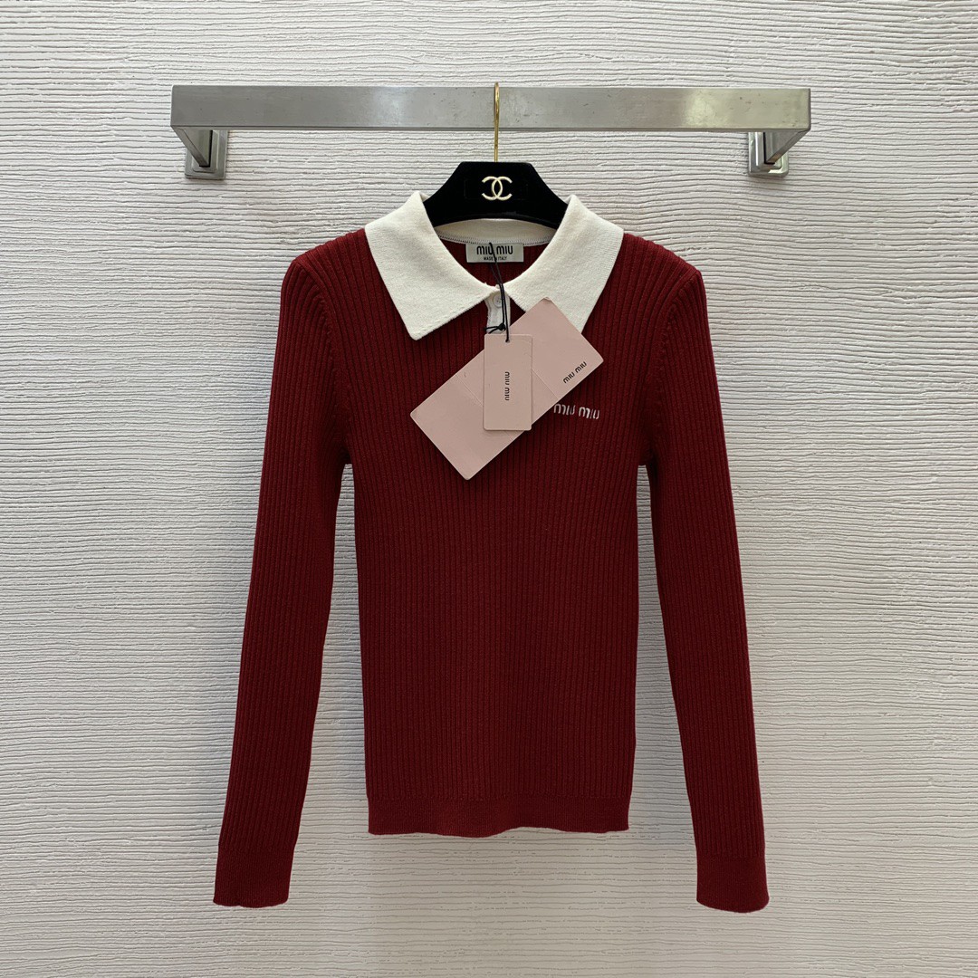 Miu Embroidered Letter Clash Color Knit Long Sleeve