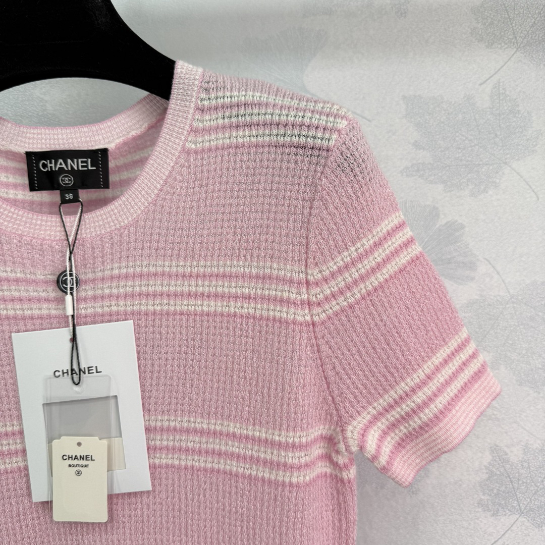 CHANE25SS Knit Colorblocked Stripe Patchwork Short Sleeve