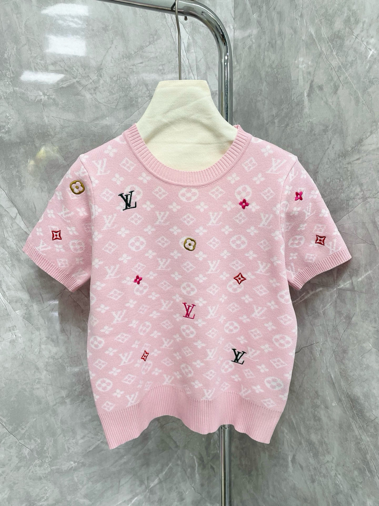 Louis Vuit25SS Flower Colourful Embroidery Embellished Round Neck Short Sleeve