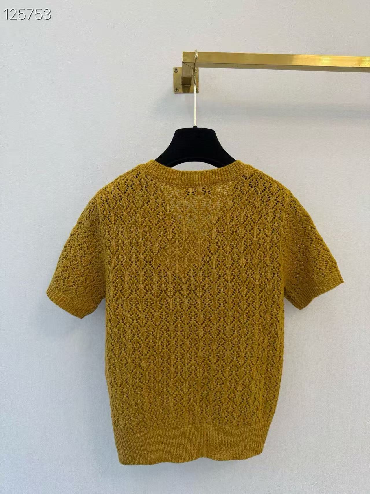 MIU V-Neck Open-Knit Short-Sleeve Top