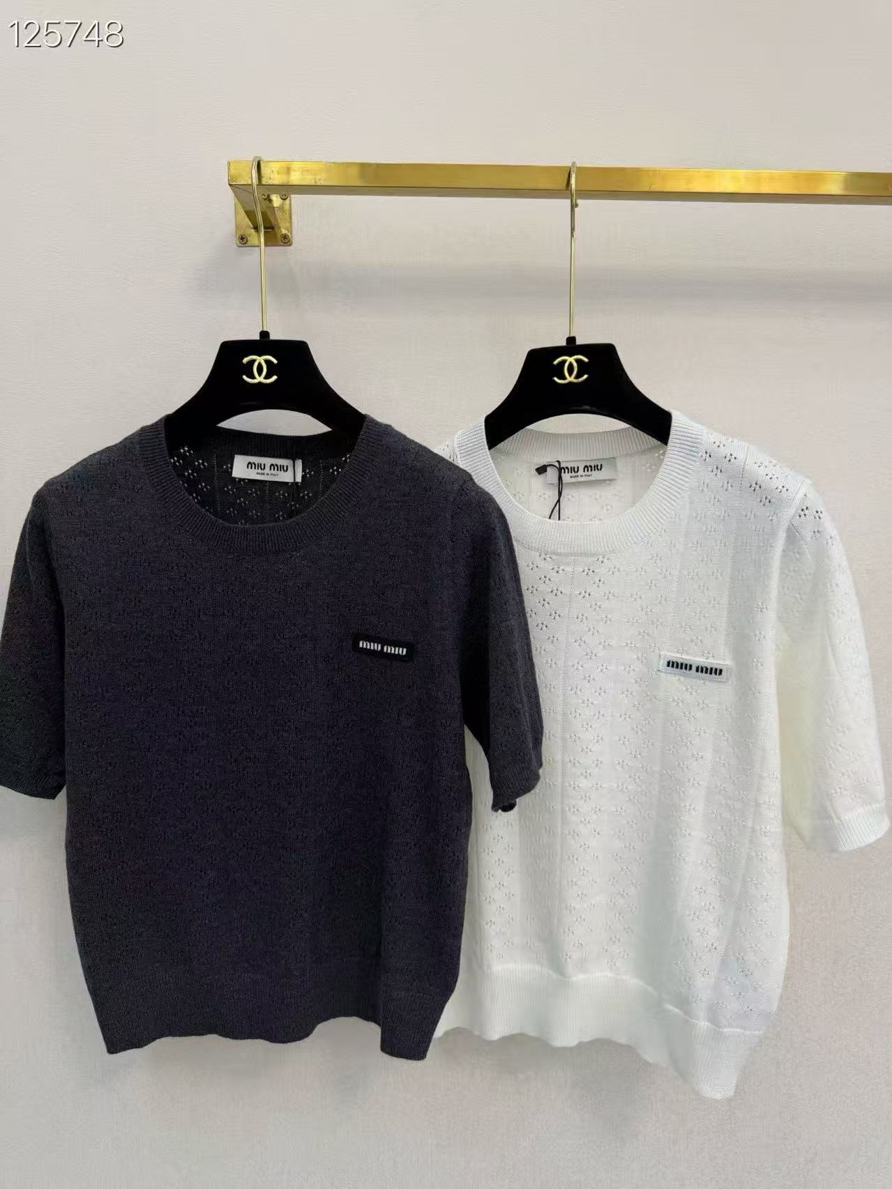 MIU Minimalist Logo Short-Sleeve Knit Top.