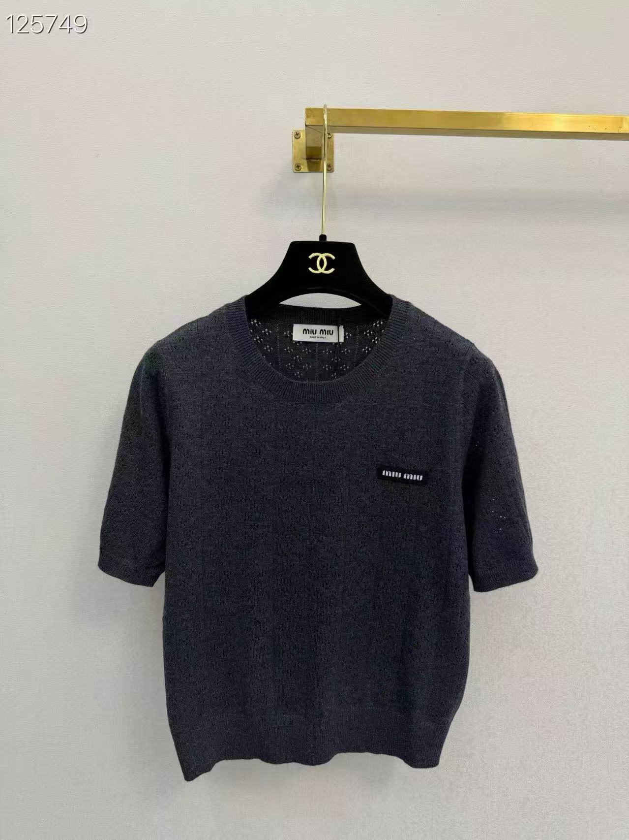 MIU Minimalist Logo Short-Sleeve Knit Top.