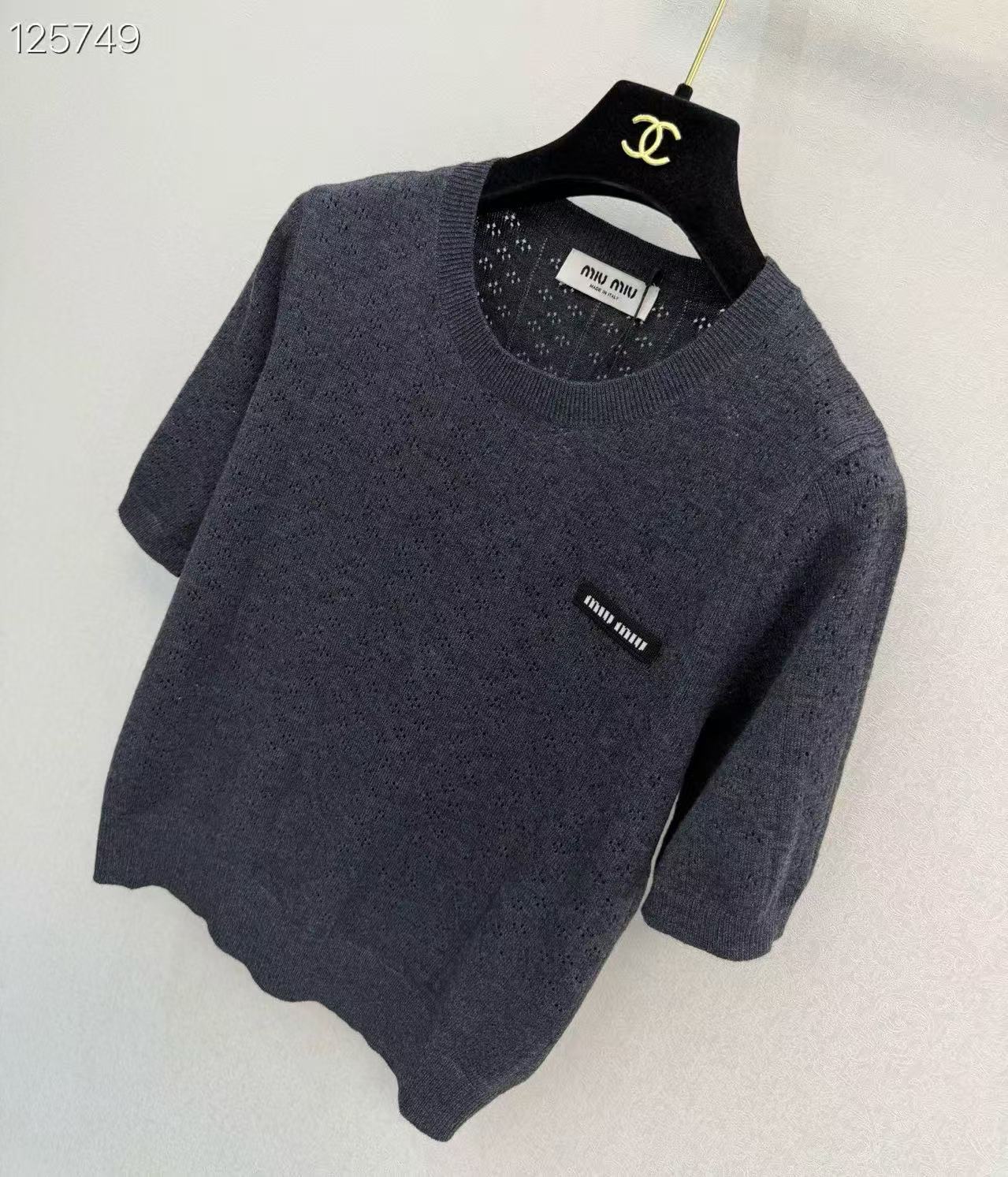 MIU Minimalist Logo Short-Sleeve Knit Top.