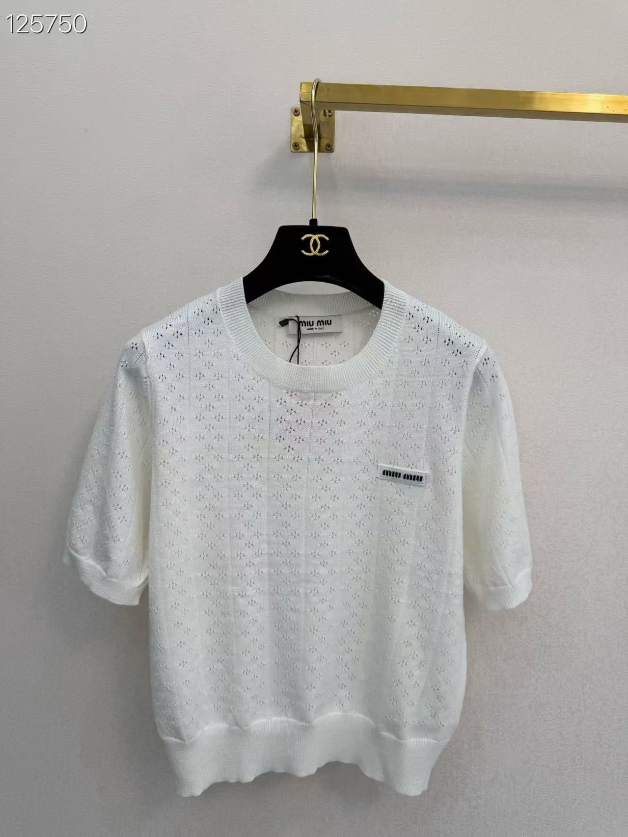 MIU Minimalist Logo Short-Sleeve Knit Top.