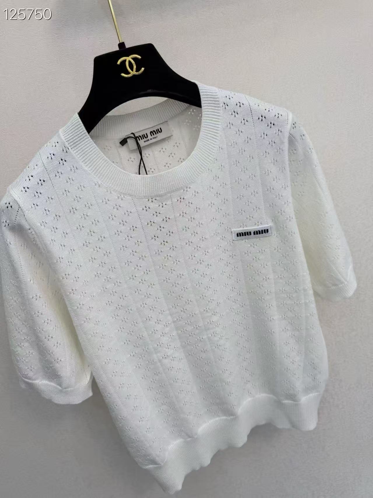 MIU Minimalist Logo Short-Sleeve Knit Top.