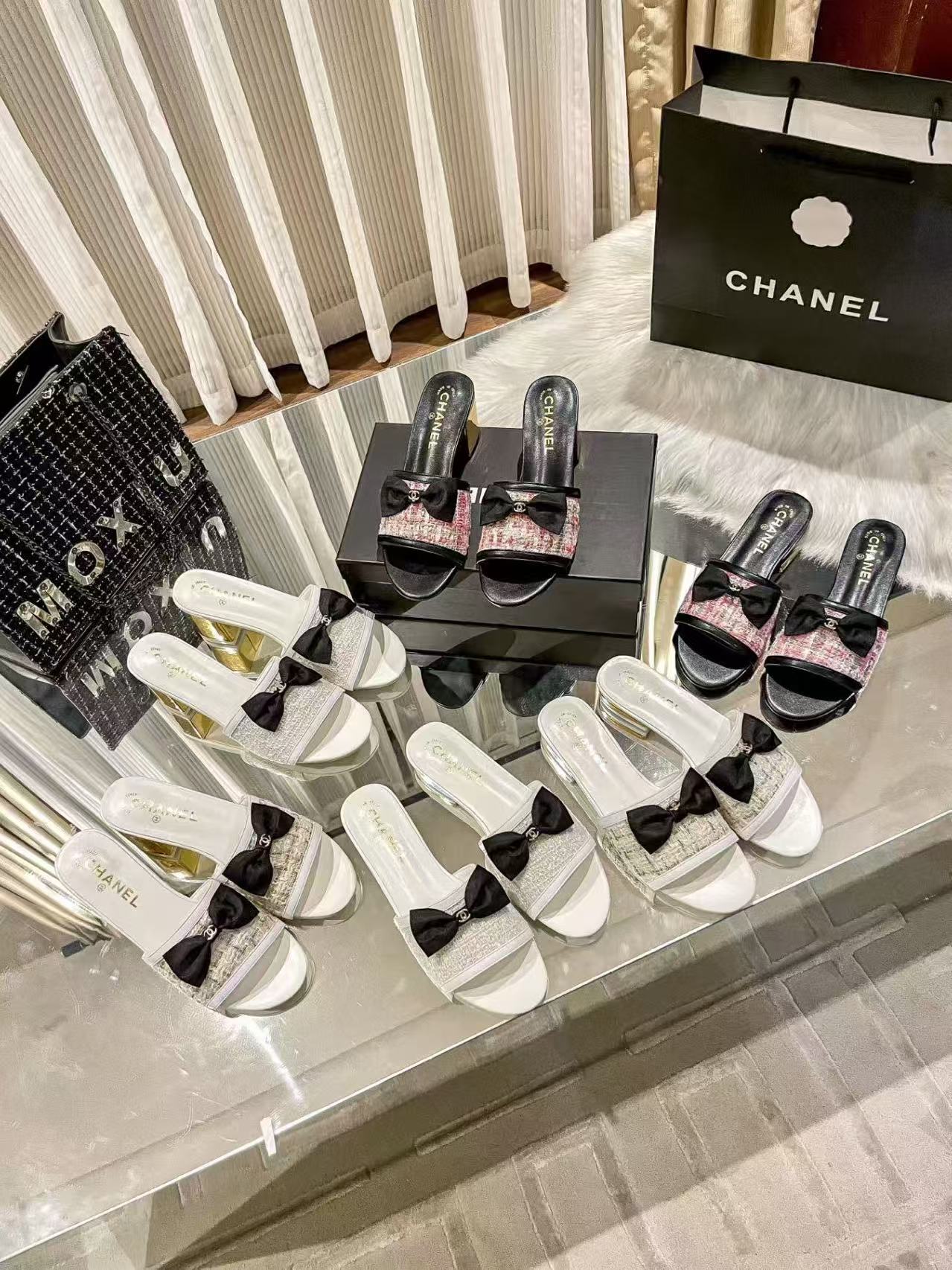 CC Tweed Bow Slip-On Sandals