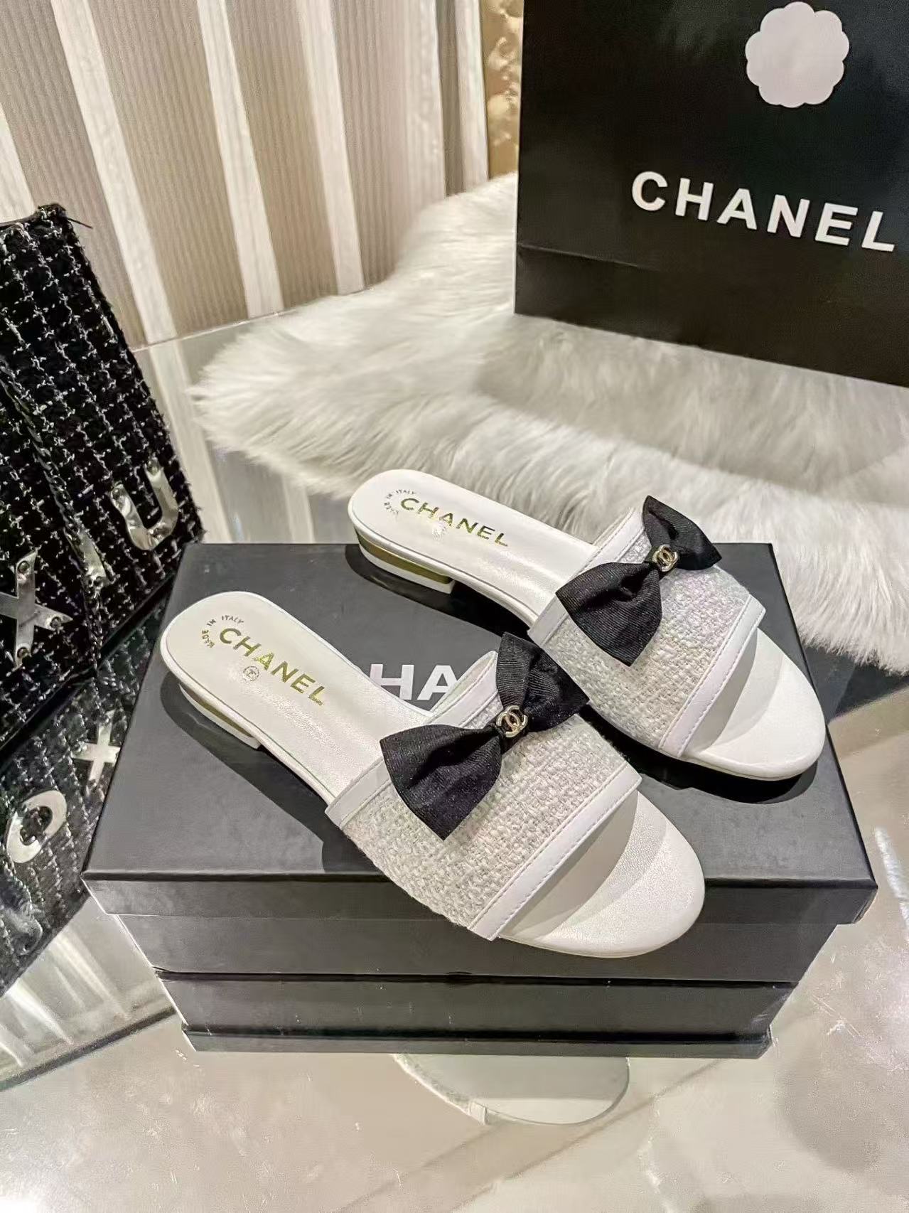 CC Tweed Bow Slip-On Sandals