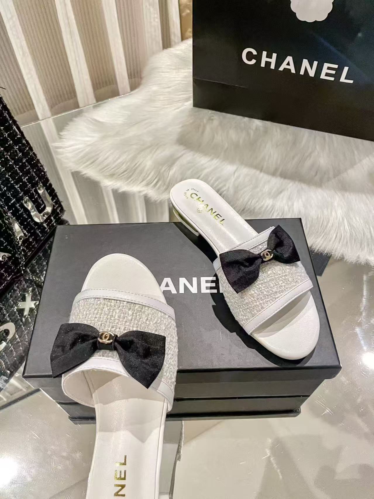 CC Tweed Bow Slip-On Sandals