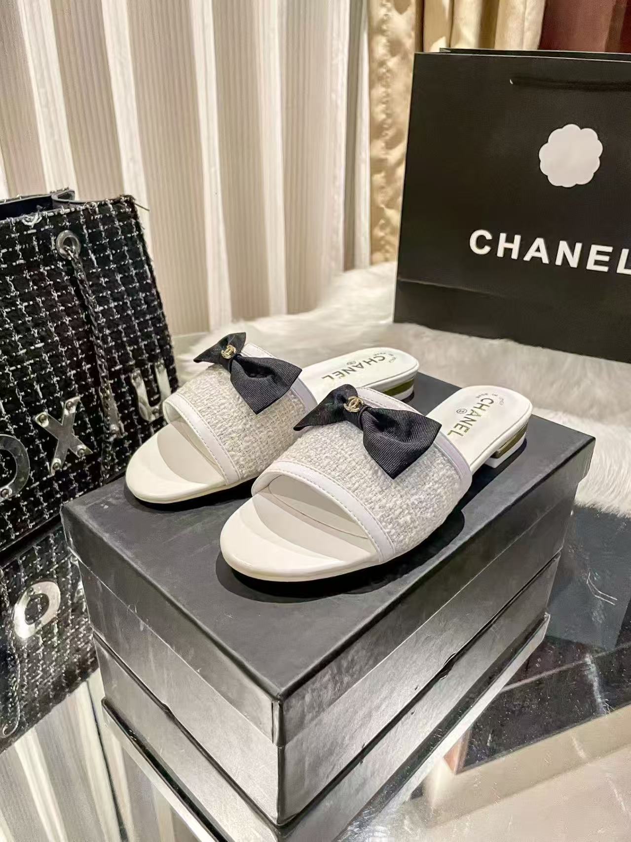 CC Tweed Bow Slip-On Sandals